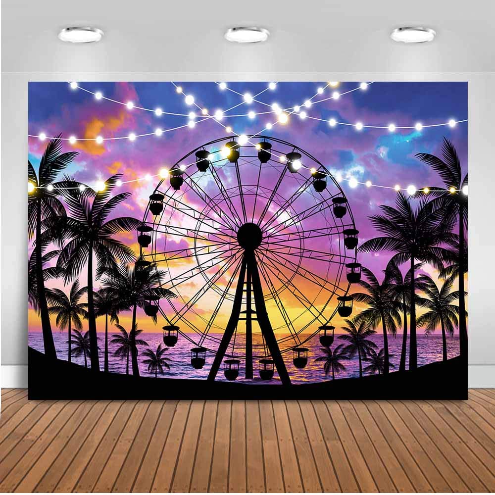 8x6ft Tropical Seaside Sunset Photo Backdrop - Palm Tree & Ferris Wheel Beach Theme for Summer Parties, Festivals, Photography | Perfect for Beach Weddings, Birthday Decor, Instagram Photos