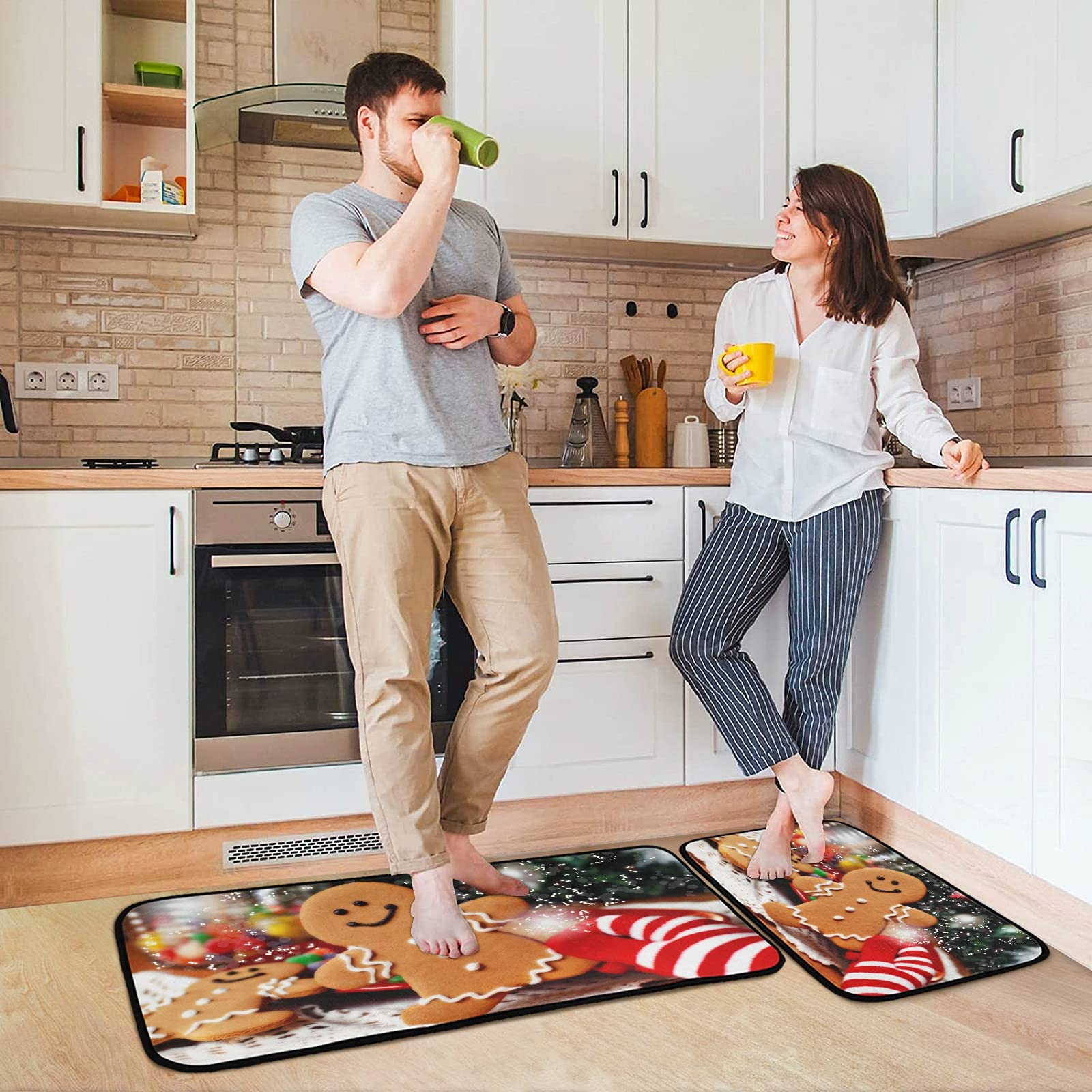 Christmas Gingerbread Man Kitchen Rug Set of 2 - Washable Non-Slip Memory Foam Anti-Fatigue Mat with Rubber Backing for Kitchen, Living Room, Bedroom, Bathroom & Laundry | Holiday Home Decor & Cozy Floor Comfort