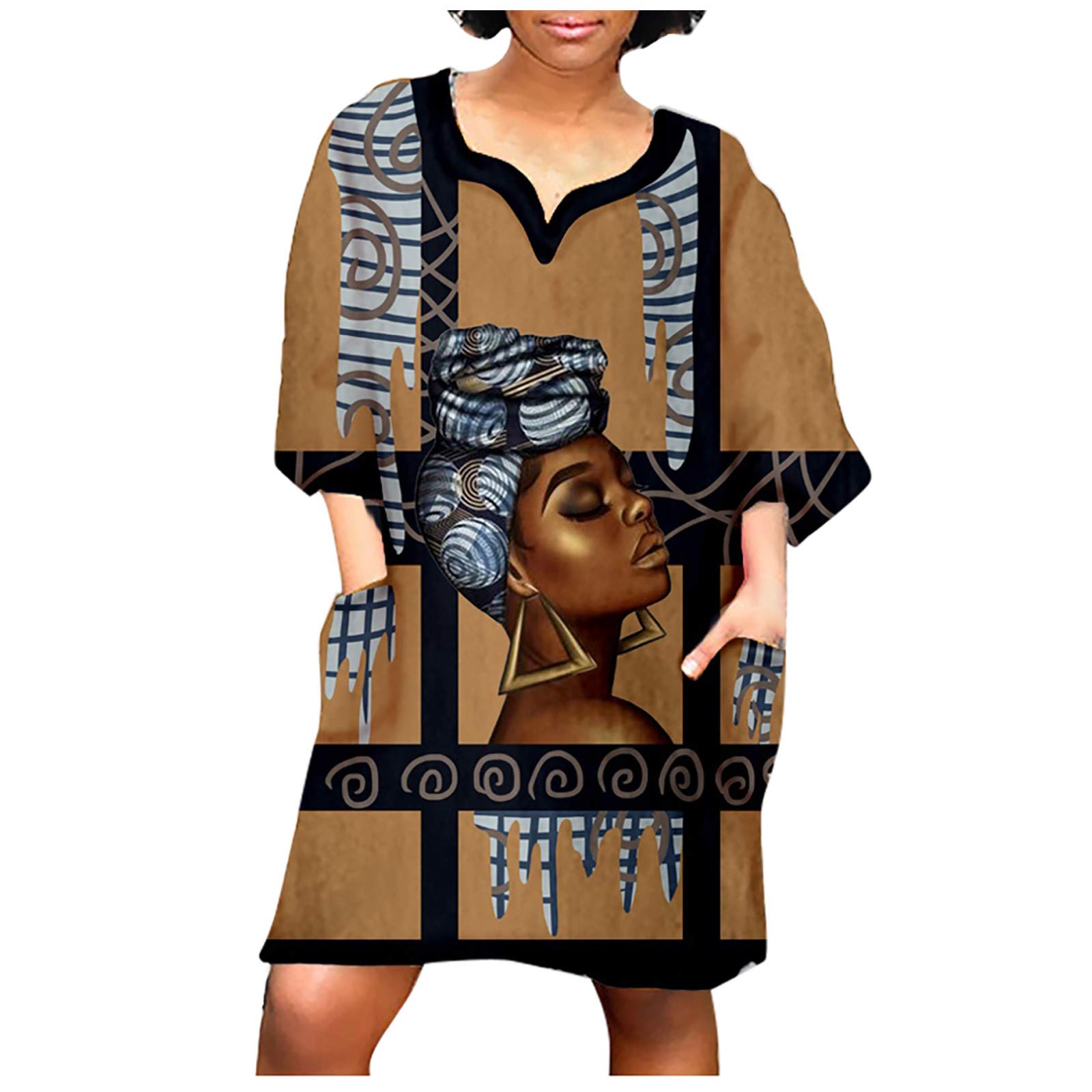 Vintage Floral Print Sundress for Women - Casual African Print Mini Dress, Plus Size Midi Sleeve Loose Fit Summer Dress for Beach, Vacation & Boho Style Outfits