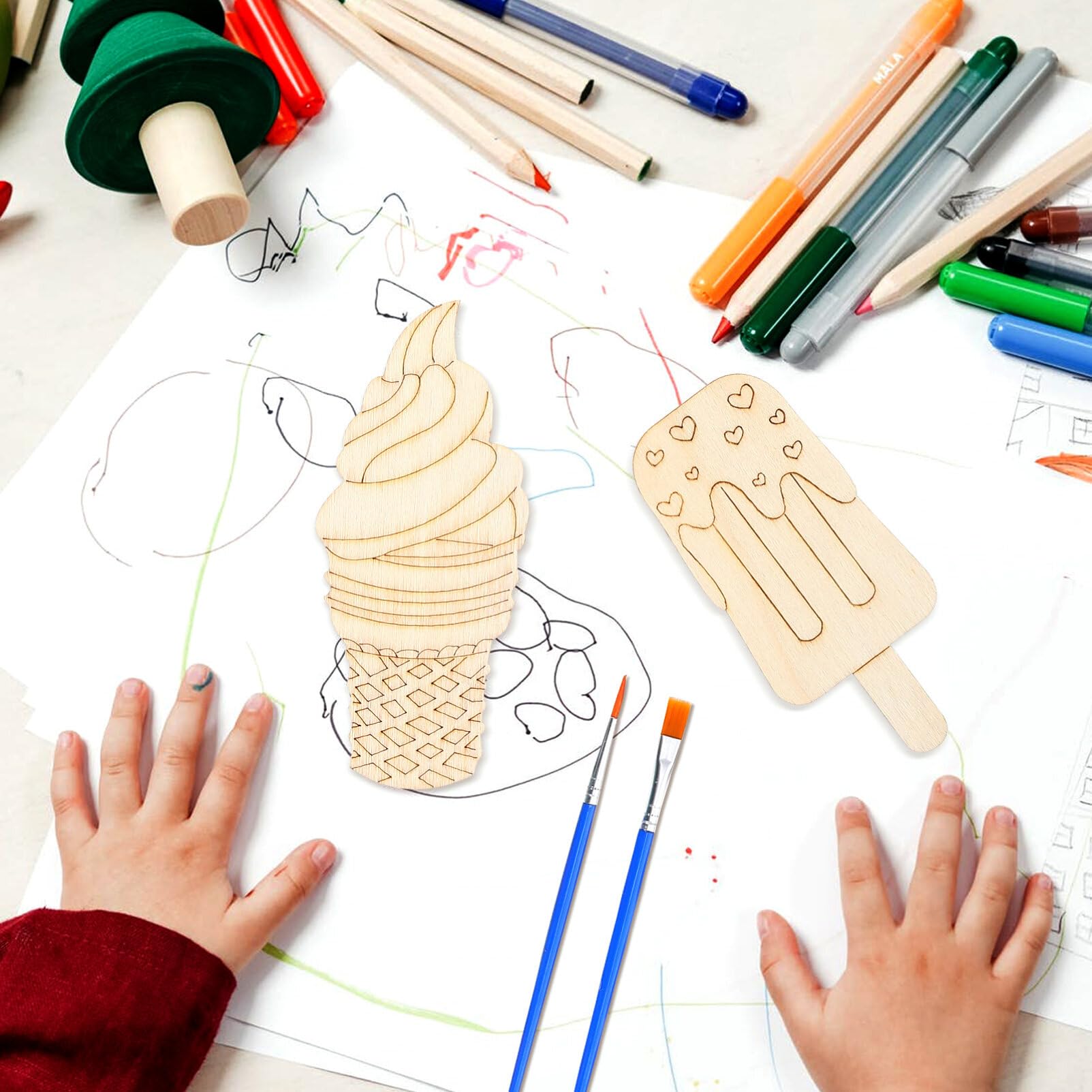 30pcs Unfinished Ice Cream Wood Cutouts for Kids Summer Crafts - DIY Art Painting, Decorations & Party Supplies - Perfect for Classroom Projects, Birthday Parties & Home Decor