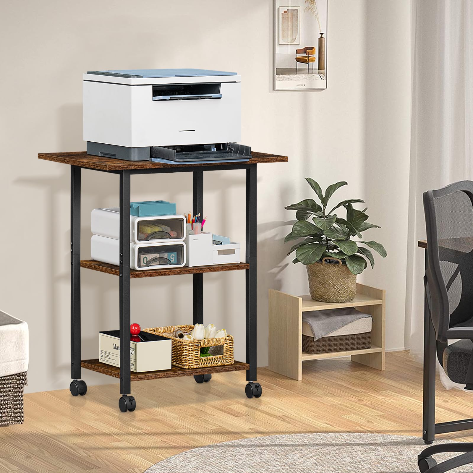 Lerliuo 3-Tier Mobile Printer Stand with Storage Shelf - Heavy Duty Steel Frame Rolling Cart with Lockable Wheels for Home Office Use - Perfect for Laser/Inkjet Printers, Scanners & Office Equipment Organization