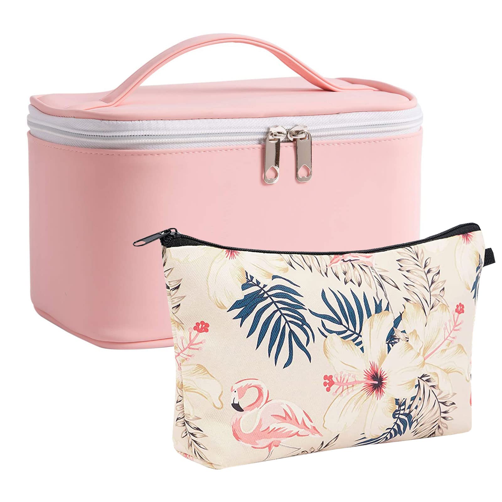 Meiyuuo 2-Pack Small Makeup Bags for Women - Pink Flamingo Cosmetic Pouches for Purse & Travel
