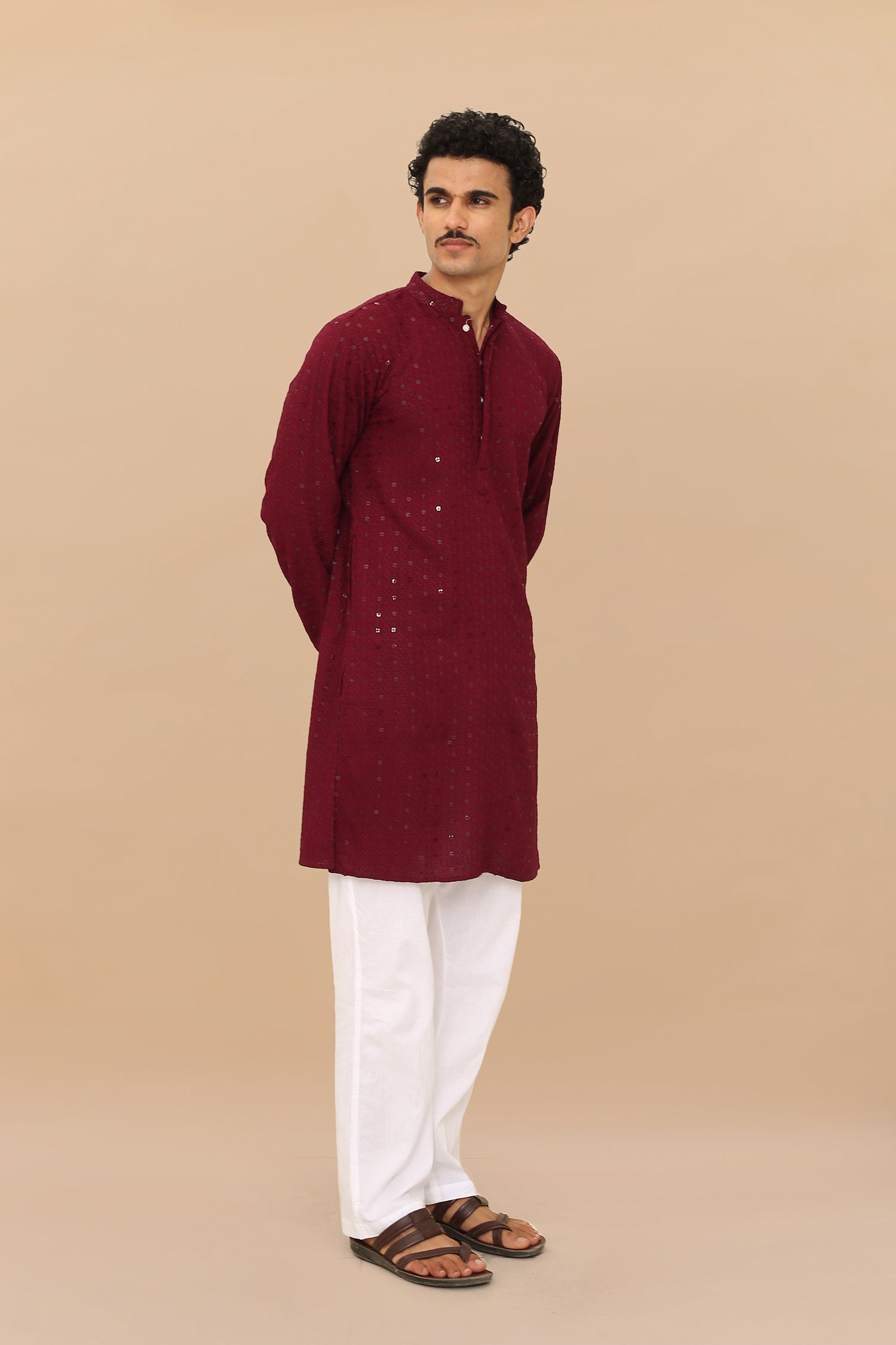Men's Chikankari Kurta in Rayon Fabric - Wine Red - Perfect for Festivals, Weddings & Ethnic Occasions