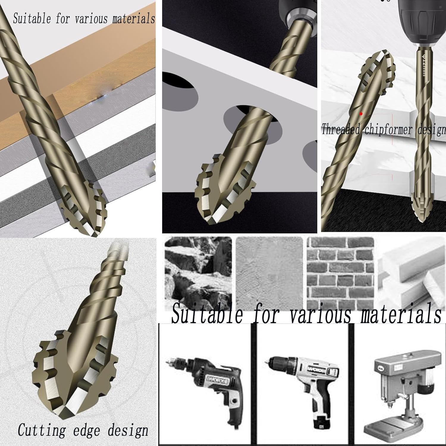 Titanium-Coated 4-Flute Sawtooth Eccentric Drill Bit Set (6/6/6/8/8mm) - High Speed Steel Wood & Metal Drill Bits for DIY, Carpentry, and Metalworking Projects - Efficient Drill and Tap Kit for Professional & Home Use