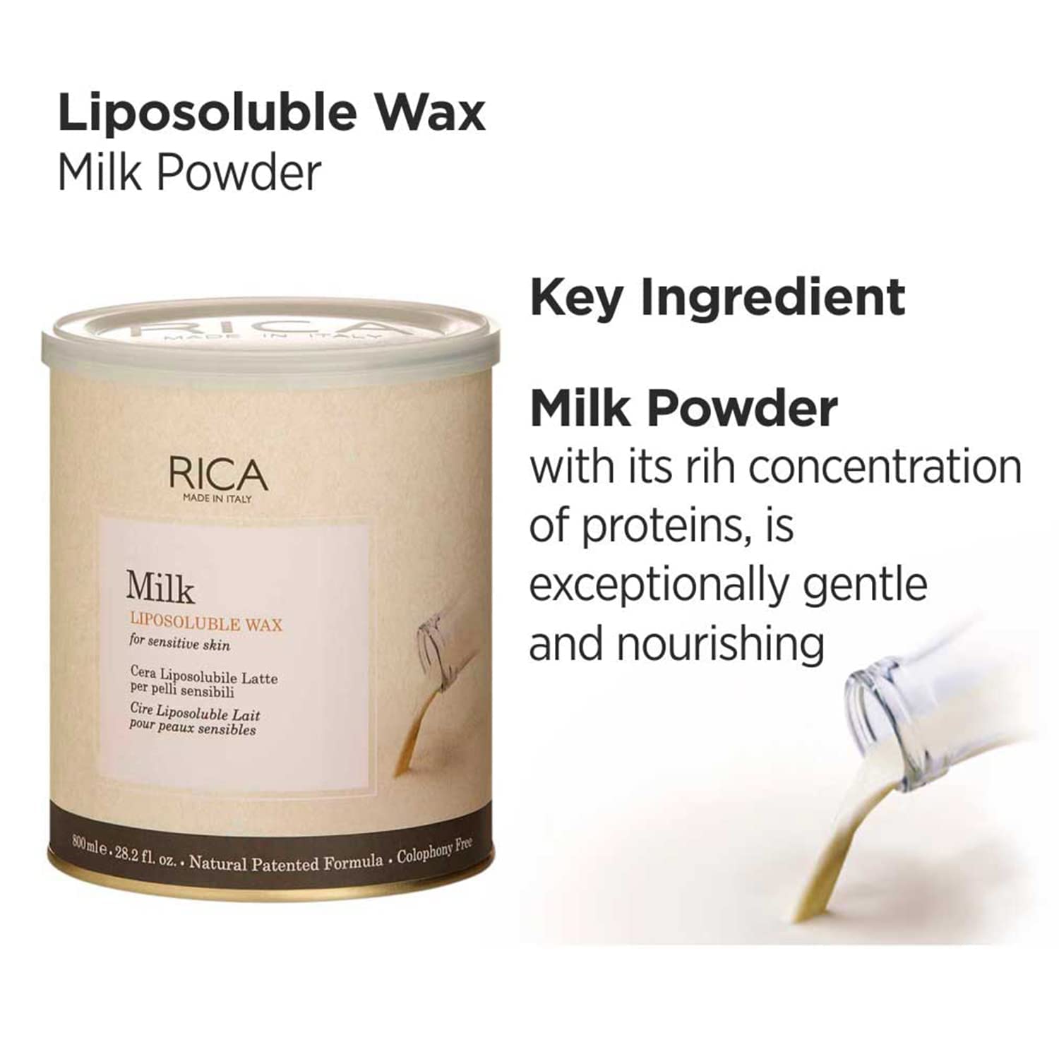 RICA Milk Liposoluble Hard Wax for Women - Sensitive Skin Friendly, 800ml - Painless Hair Removal for Legs, Arms, Bikini & Face at Home