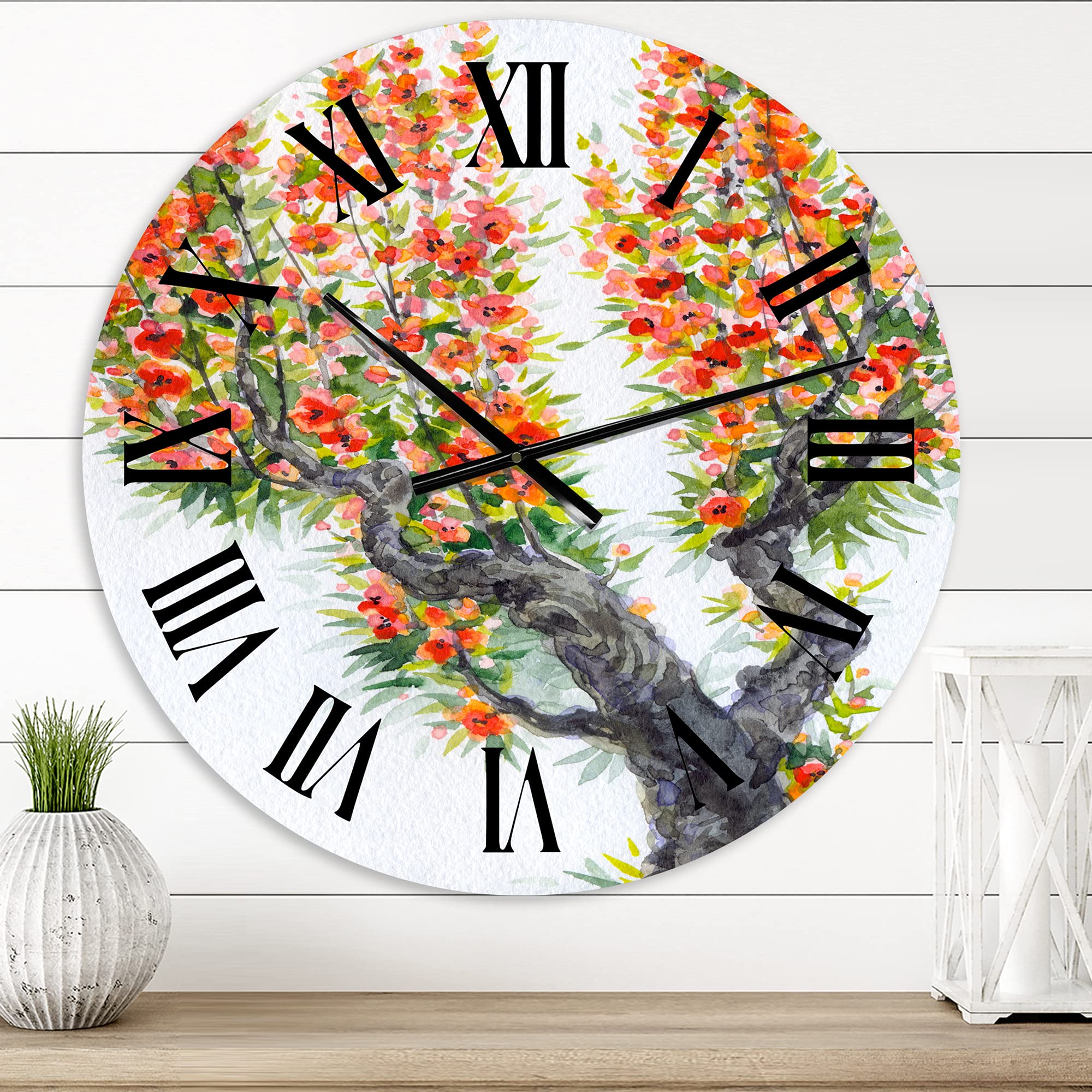 DesignQ Traditional Wall Clock - 'Blooming of an Old Tree in Spring II' Floral Botanical Large Wall Clock for Living Room, Bedroom, Office Decor | Perfect for Home, Office & Gift Giving