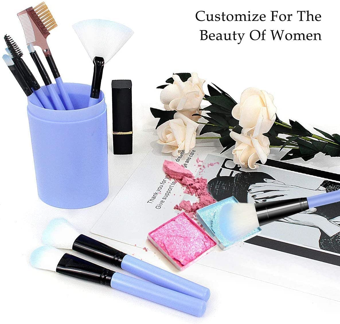 12-Piece Blue Makeup Brush Set with Pink Beauty Blender - Professional Cosmetic Brushes for Women & Girls (Pack of 13) | Perfect for Foundation, Eyeshadow, Contouring & Everyday Makeup Application