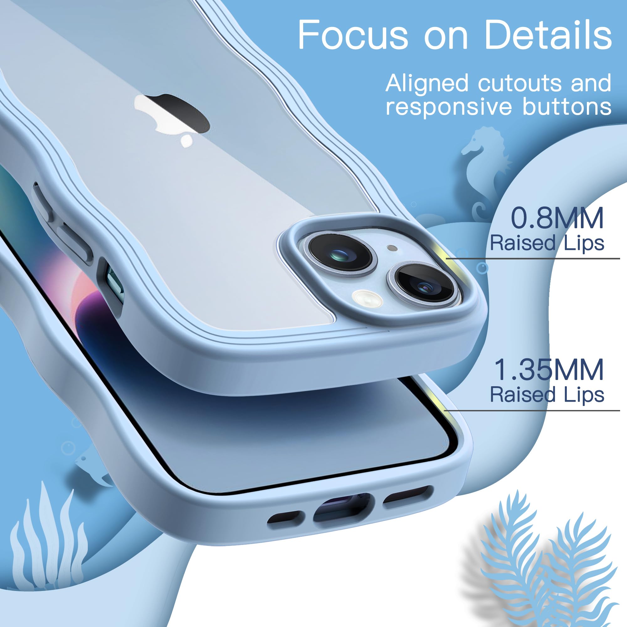 JETech iPhone 14 Plus Case 6.7 Inch - Cute Wave Frame Shockproof Clear Hard PC Phone Cover for Women & Girls (Blue) | Perfect for Everyday Protection & Stylish Outfits