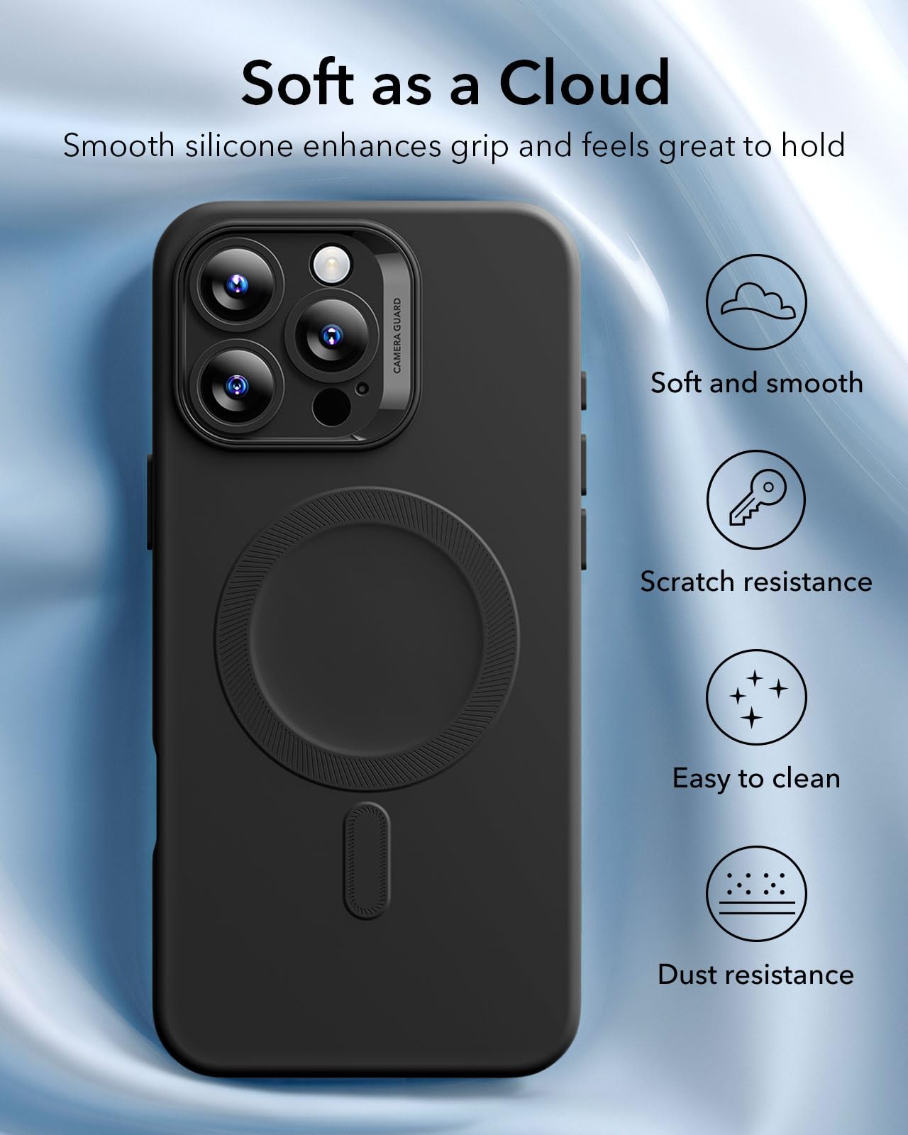 ESR for iPhone 16 Pro Max Case with MagSafe - Magnetic Charging Compatible, Slim Shockproof Silicone Cover with Full Screen & Camera Protection, Soft Microfiber Lining (Cloud Series, Black) - Perfect for Work, Travel & Daily Protection