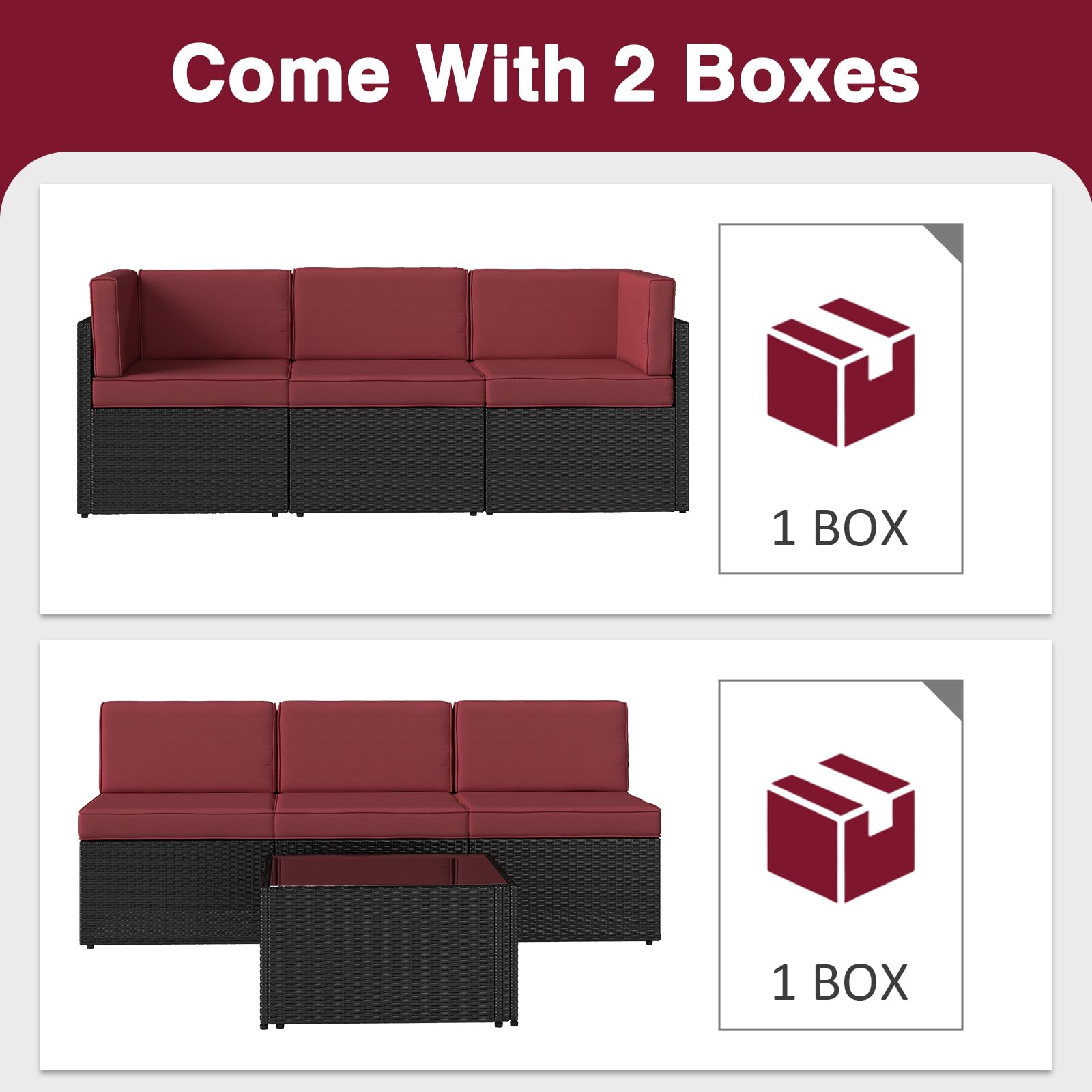 Kinfant 7-Piece PE Black Wicker Outdoor Patio Sectional Sofa Set with Glass Coffee Table & Cushions - Waterproof Garden Furniture for Backyard, Poolside, Deck (Wine Red) | Perfect for Outdoor Entertaining, Lounging & Relaxation