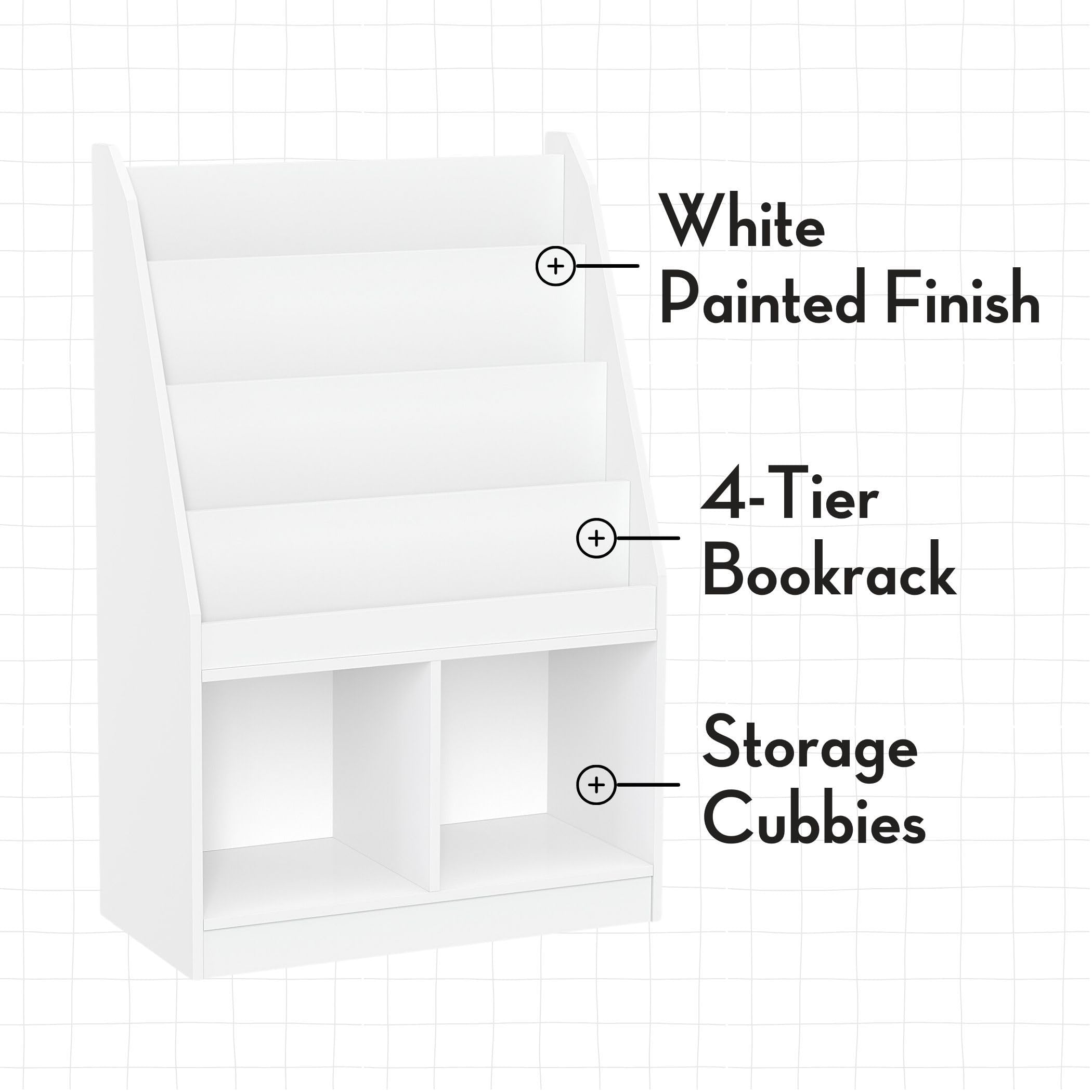 RiverRidge Kids Bookshelf and Toy Storage Organizer - 4-Tier Book Rack with 2 Cubbies & 2 Coral Bins - Space-Saving Nursery Bookshelf for Bedroom, Playroom or Classroom - Perfect for Organizing Children's Books, Toys and School Supplies