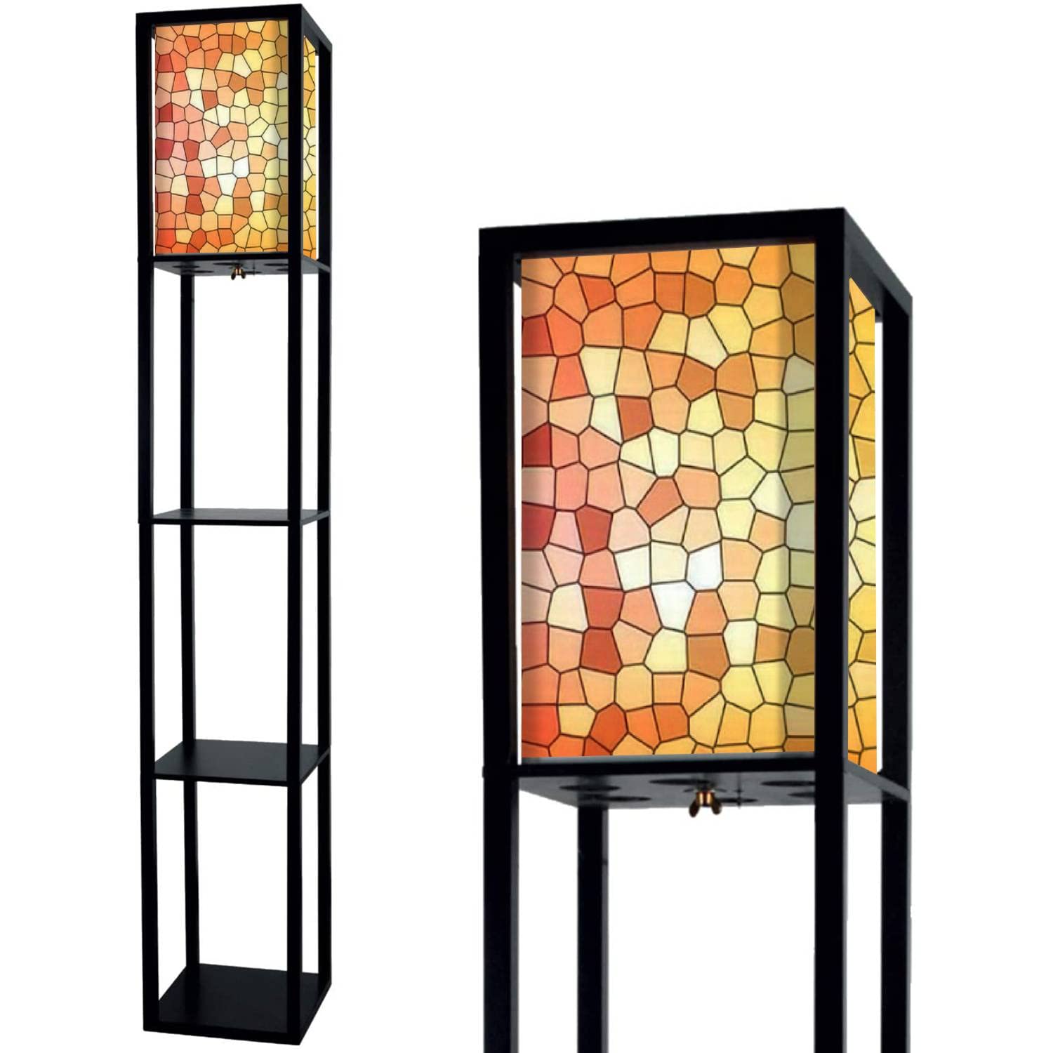 Modern Multicolored Abstract Geometric Polygonal Mosaic Standing Floor Lamp with Shelves & Flaxen Fabric Shade - Tall Corner Lamp for Living Room, Bedroom, Office | Aesthetic Home Decor Lighting for Reading Nook, Lounge Area & Bedside