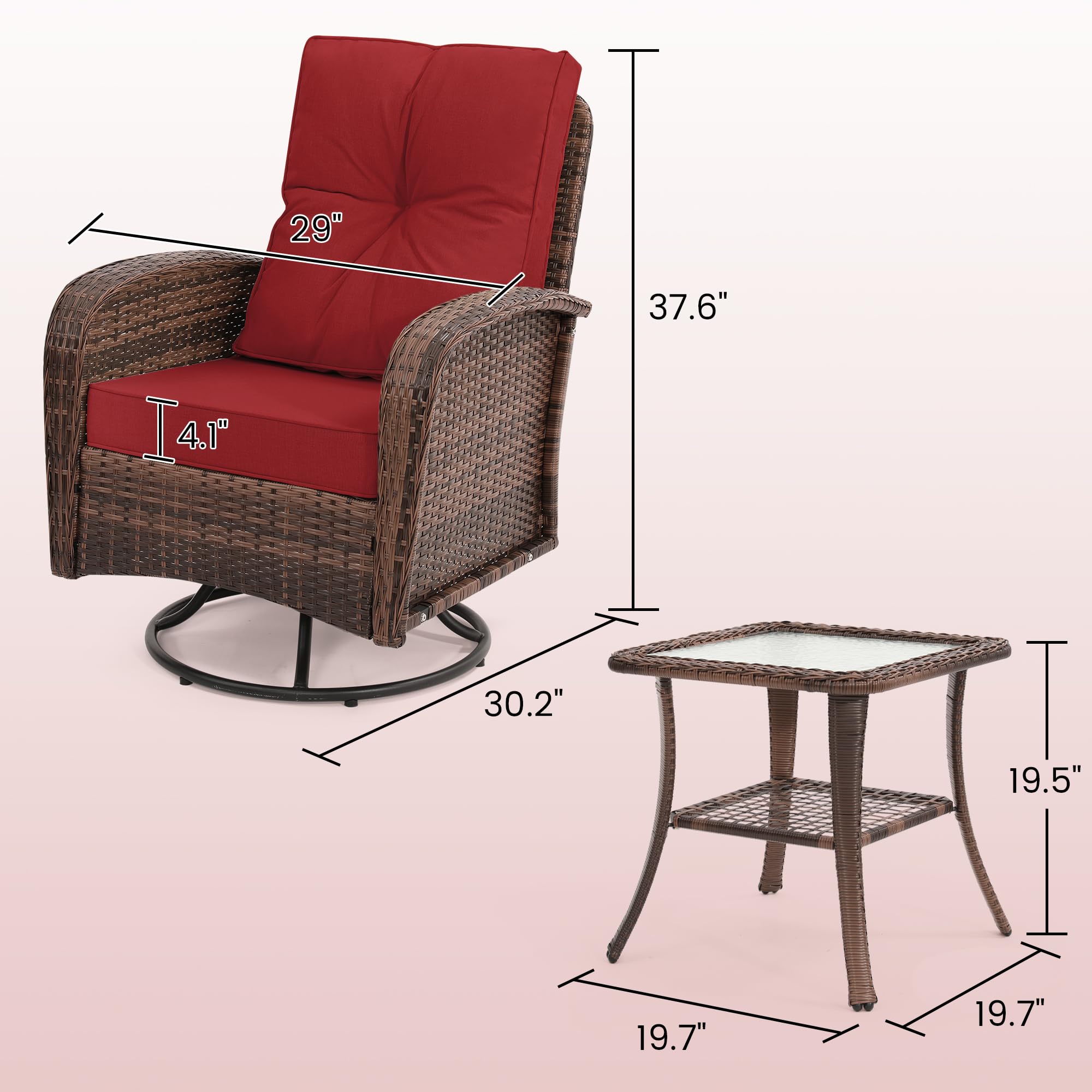 Kromax 3-Piece Patio Furniture Set - Outdoor Swivel Glider Rocker, Wicker Bistro Set with Rattan Rocking Chair & Glass Top Table - Thick Cushions for Porch, Deck, Garden or Backyard (Brown Rattan & Red Cushion) - Perfect for Relaxing, Entertaining & Outdoor Dining