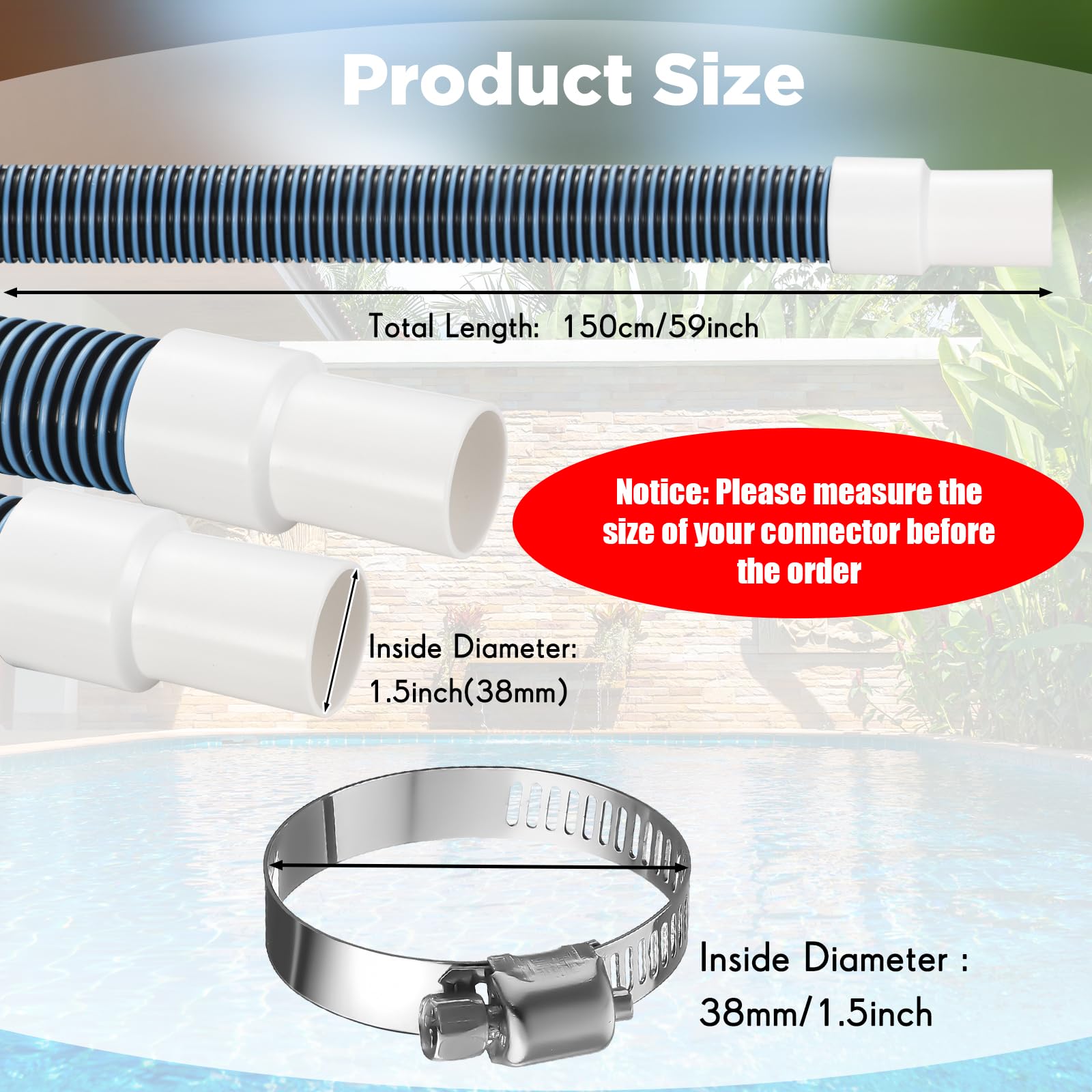 Jadive 2 Pack 1.5 Inch Swimming Pool Filter Hose Replacement Kit - 59 Inch Long Universal Pool Vacuum Hose with 1.25/1.5 Inch Combo Adapter, Clamps & Tape - Compatible with Above Ground Pools (Dark Blue) - Perfect for Pool Maintenance, Cleaning & Vacuuming