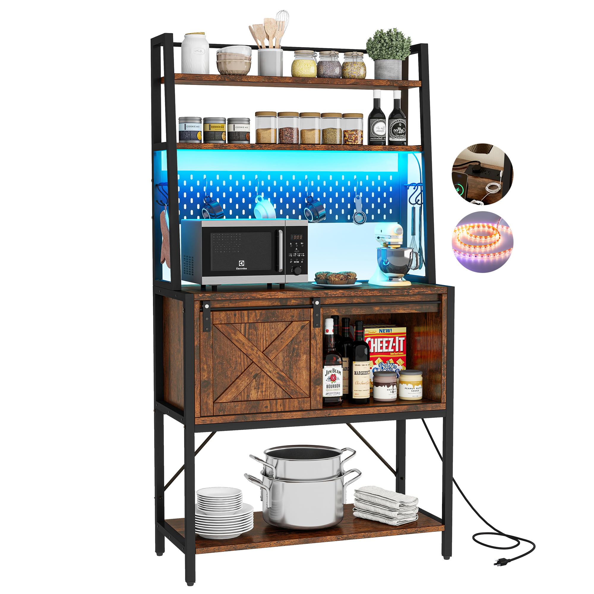 Farmhouse Style Bakers Rack with Power Outlet & LED Lights - Rustic Brown Microwave Stand, Coffee Bar Cabinet with Sliding Drawer, 4-Tier Shelves & 8 Hooks - Perfect for Kitchen Storage, Coffee Station & Farmhouse Decor
