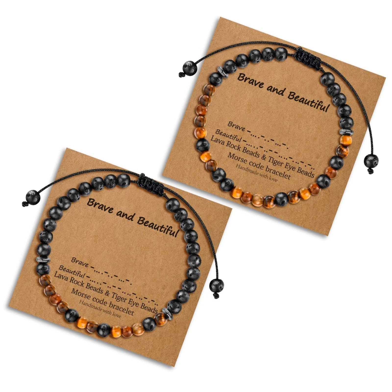 Morse Code Bracelets for Women - 2pcs Tiger Eye Beaded & Lava Rock Friendship Bracelets - Inspirational Birthday Gifts for Best Friend - Perfect for Daily Wear, Yoga, and Meditation