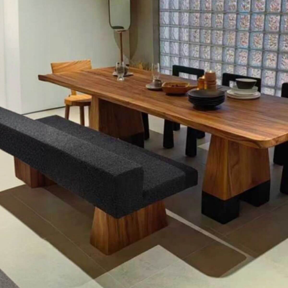 Midnight Black Modern Solid Wood Dining Bench with Upholstered Backrest - Perfect for Kitchen, Dining Room, and Breakfast Nook Seating