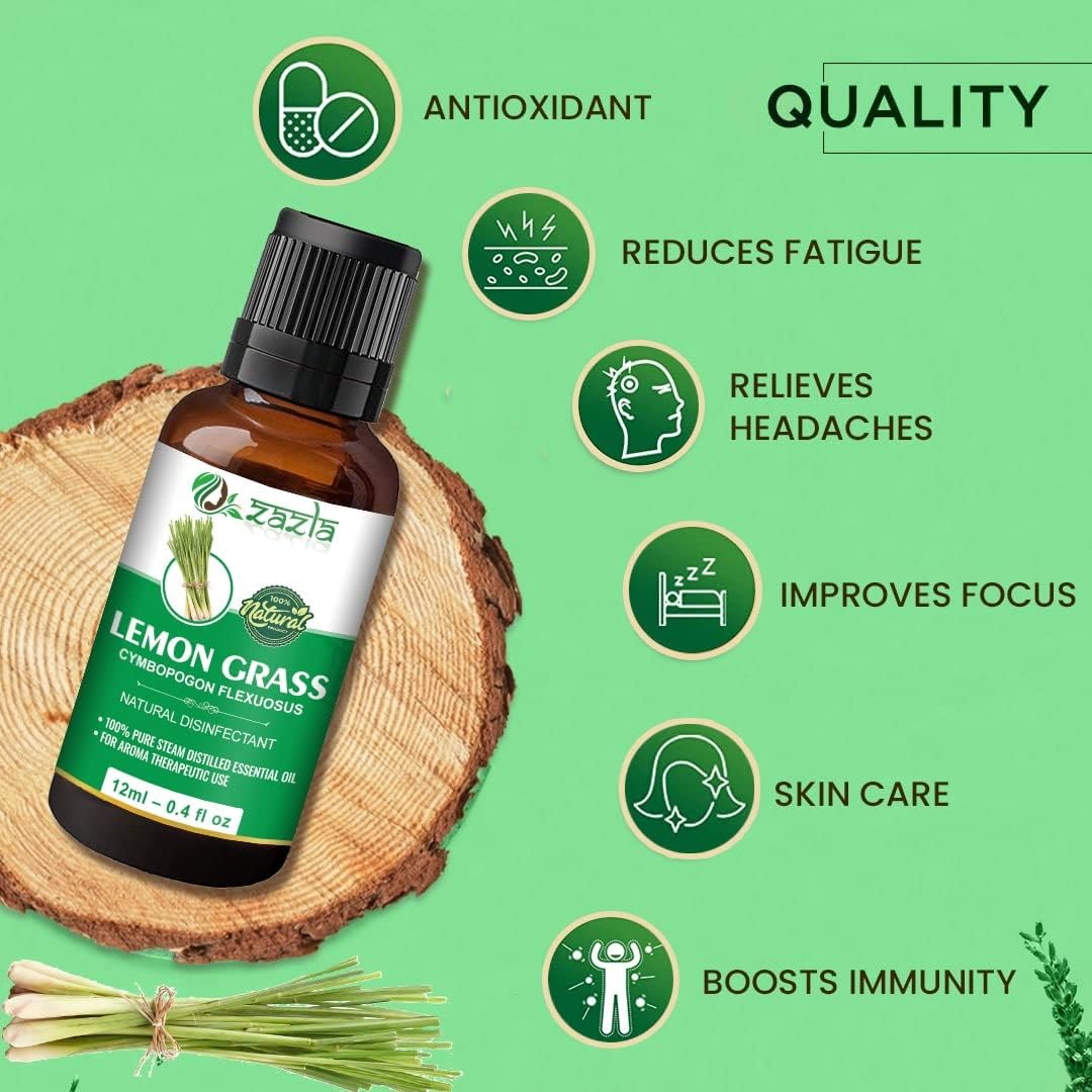 Zazla 100% Pure Lemongrass Essential Oil - Undiluted Therapeutic Grade for Hair Growth, Skin Moisturizing, Aromatherapy & Diffuser Use - 12ml (Pack of 1) | Perfect for Spa, Massage, Relaxation & Home Fragrance