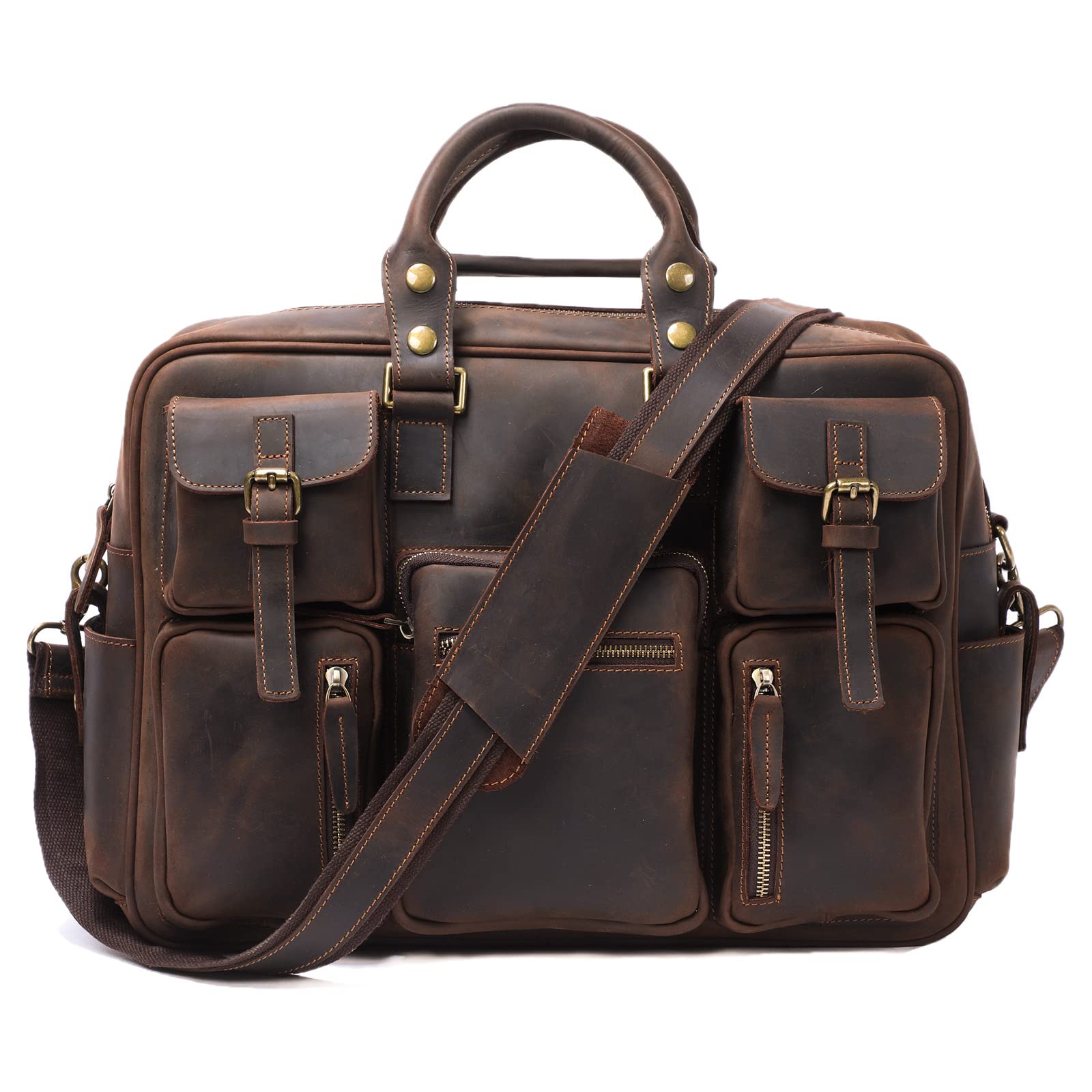 Eamom 15.6 Inch Genuine Crazy Horse Leather Briefcase - Business Laptop Bag with Multiple Pockets for Men & Women, Durable Work Tote & Crossbody Bag for Office, Travel, and Daily Commute