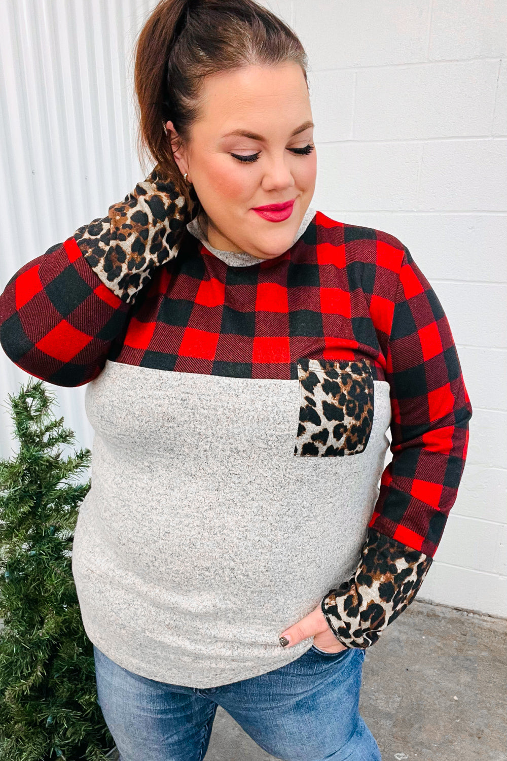 Stylish Grey & Red Plaid Animal Print Women's Top with Pockets - Perfect for Casual Outings, Date Nights, and Office Wear