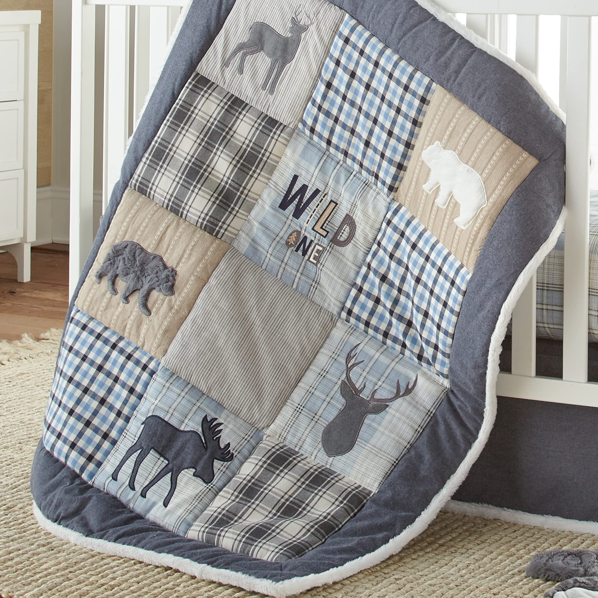Levtex Baby Logan 4-Piece Crib Bedding Set - Soft Nursery Quilt, Fitted Sheet, Dust Ruffle & Wall Decal - Deer Bear Moose Theme in Navy Grey White Blue Taupe - Perfect for Baby Shower Gifts & Cozy Nursery Decor