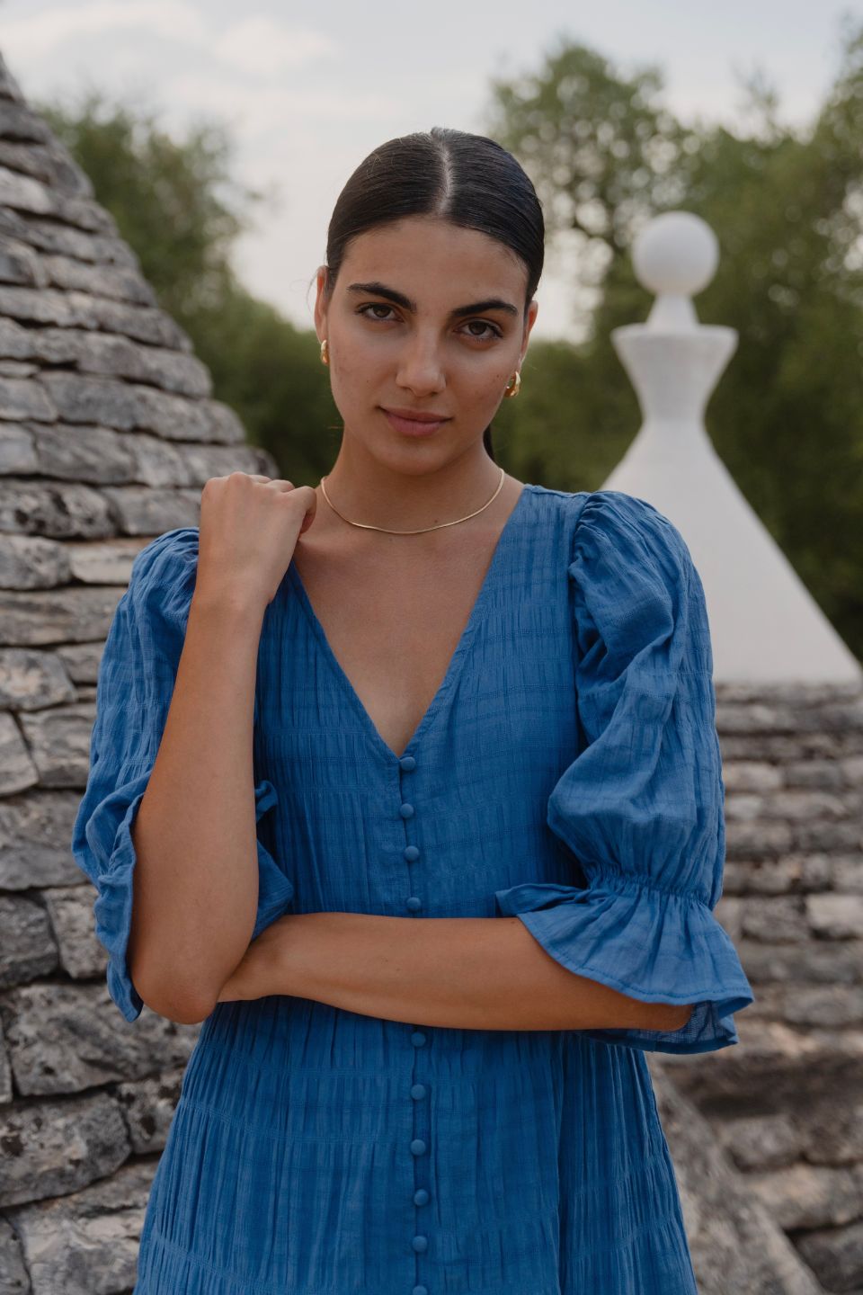 Dreamy Steel Blue Bubble Sleeve Button Front Tiered Maxi Dress for Women - Elegant Boho Summer Beach Dress for Vacations & Outdoor Events