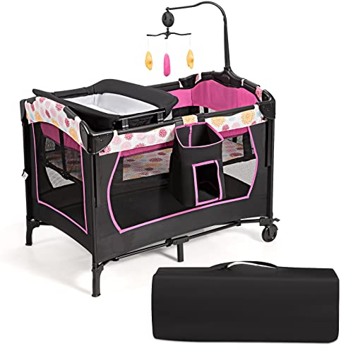 INFANS 3-in-1 Adjustable Baby Bedside Sleeper with Bassinet & Diaper Changer - Portable Playard with Wheels, Music Box & Toys - Rose Color - Perfect for Nursery, Travel & Co-Sleeping