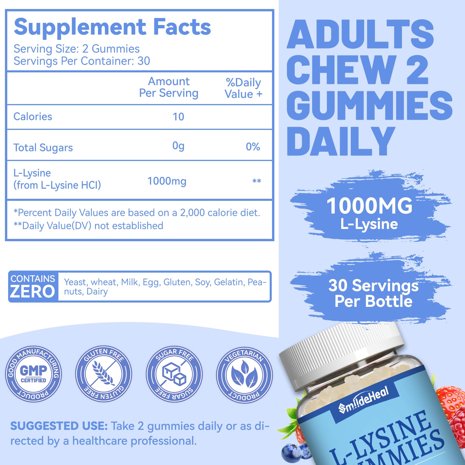 L-Lysine 1000mg Gummies for Adults - Immune & Collagen Support Supplement | Non-GMO, Vegan, Gluten Free Chewable Vitamins (60 Count) | Cold Sore Prevention & Skin Health Boost