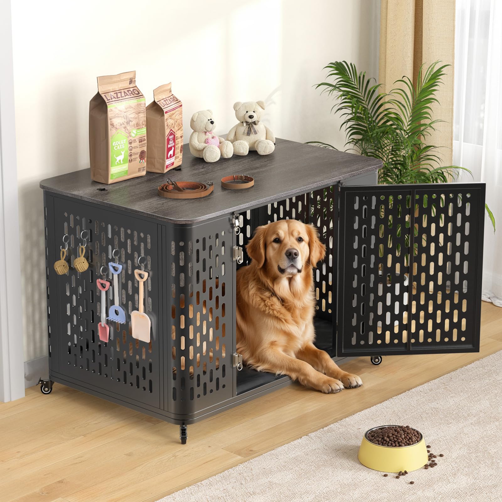 Wooden Dog Crate Furniture with Removable Cushion - 43.7 Inch Rustic Grey Dog Kennel with Lockable Wheels for Small Medium & Large Dogs | Multi-Purpose Pet Cage for Living Room, Bedroom & Travel Use