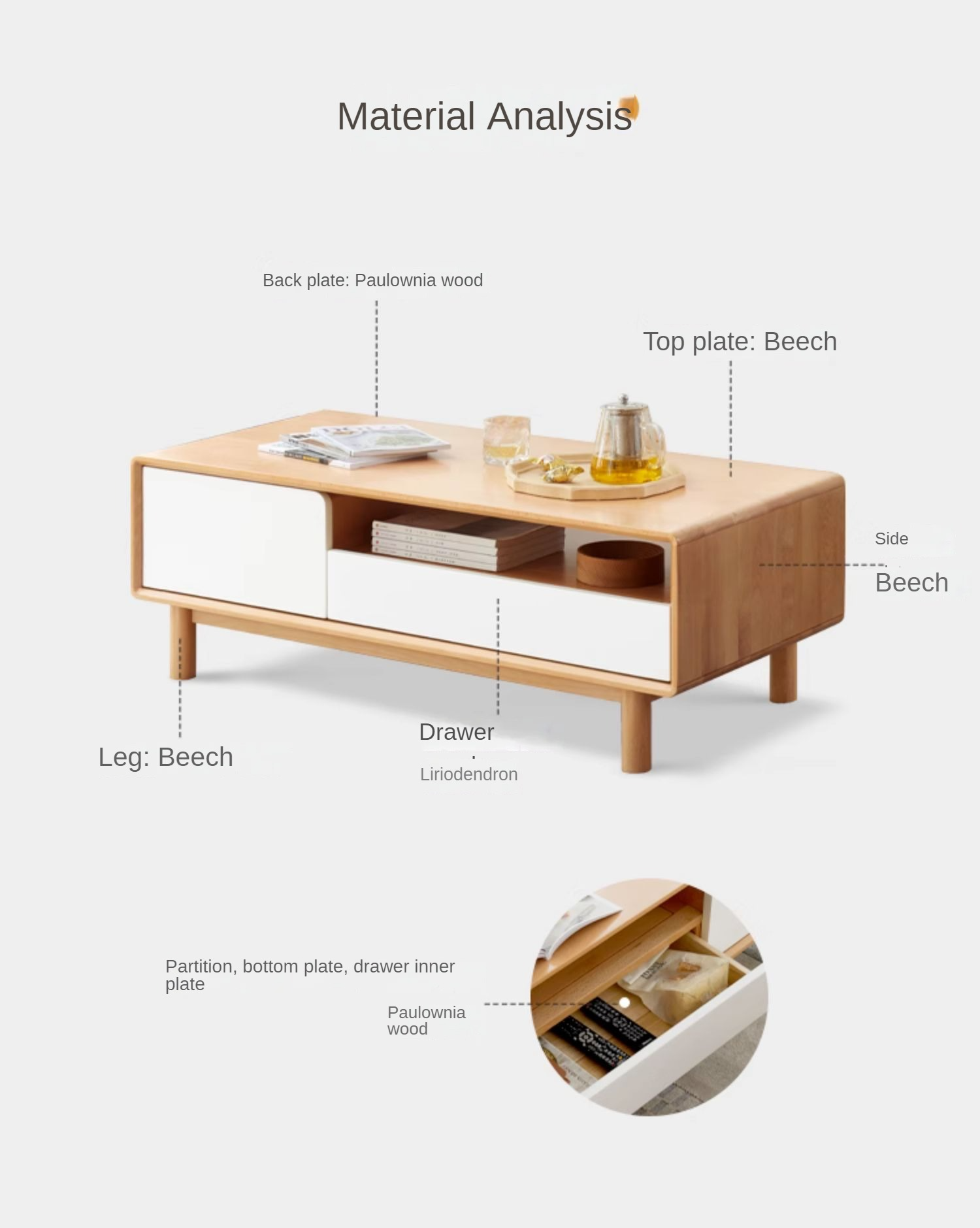 Solid Beech Wood Coffee Table - Rustic Warm Brown Finish for Living Room, Lounge & Home Decor
