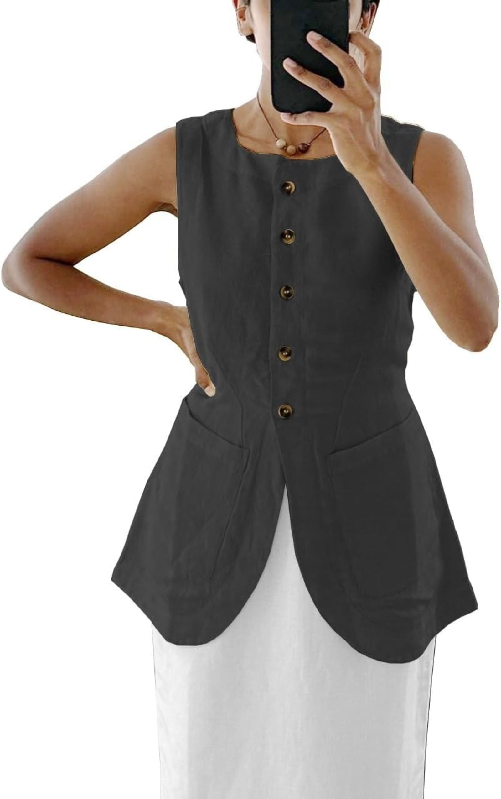 Women's Linen Vest - Y2K Style Button Down Summer Casual High Neck Sleeveless Top with Pocket | Breathable Linen Waistcoat for Beach Outings, Office Wear & Casual Street Style