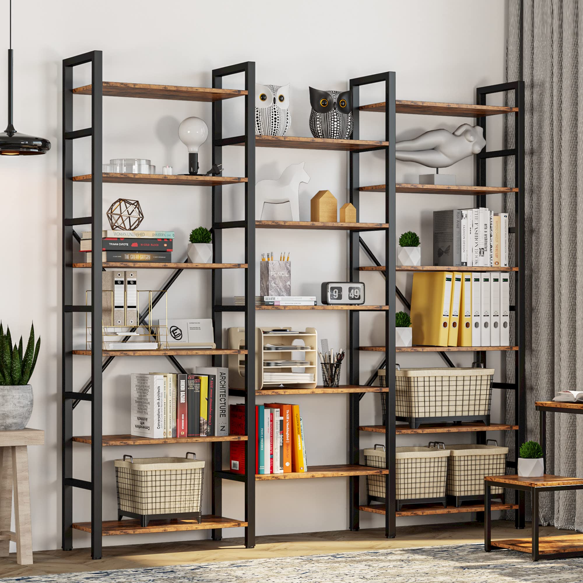 IRONCK Triple Wide 6-Tier Industrial Bookcase - Vintage Brown Metal Frame Bookshelf for Living Room, Bedroom & Home Office - Perfect for Displaying Books, Decor & Storage