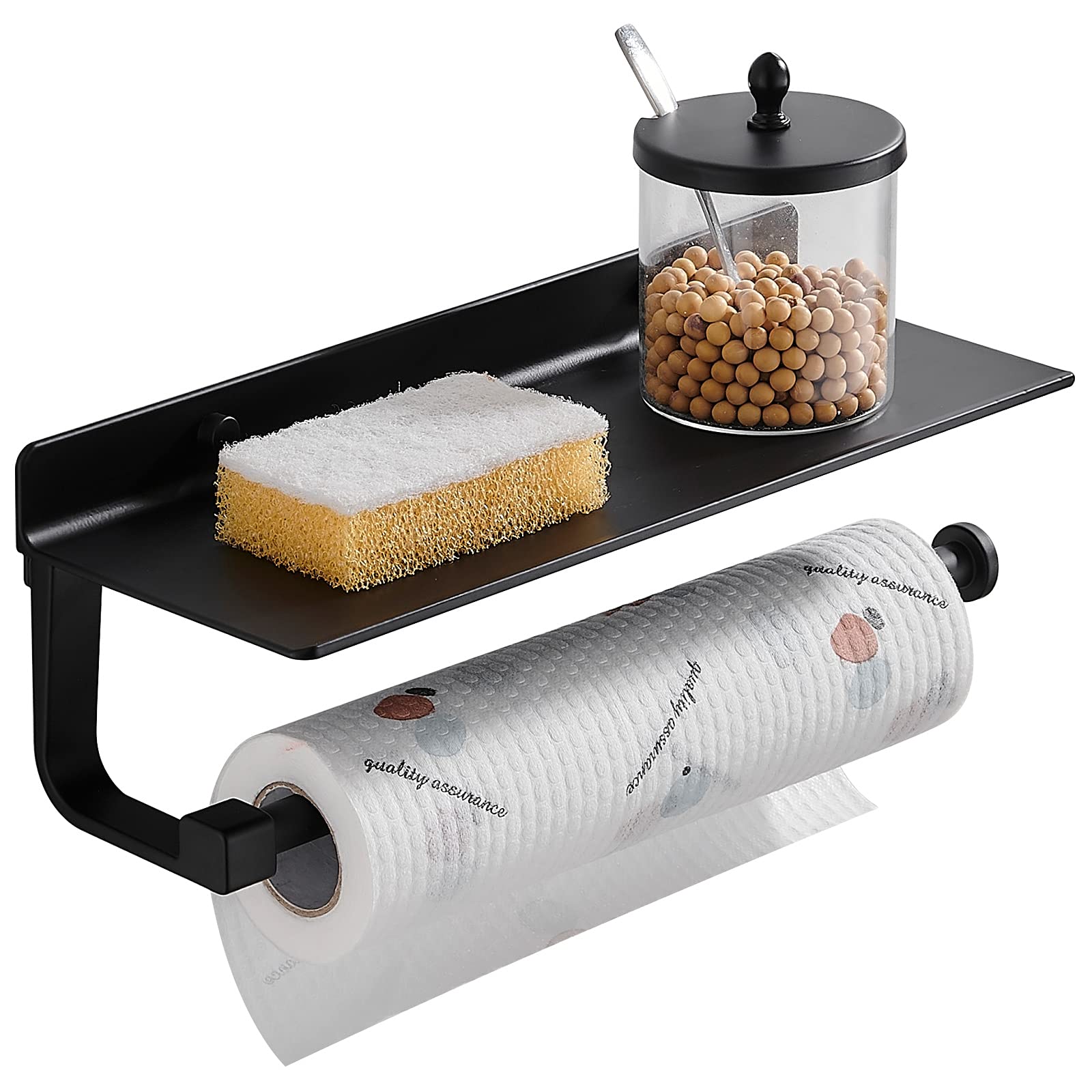 **Danpoo Matte Black Wall Mount Paper Towel Holder with Shelf - Aluminum Kitchen & Bathroom Organizer for Paper Towels, Sponges & Utensils - Space Saving Home & Office Storage Solution**