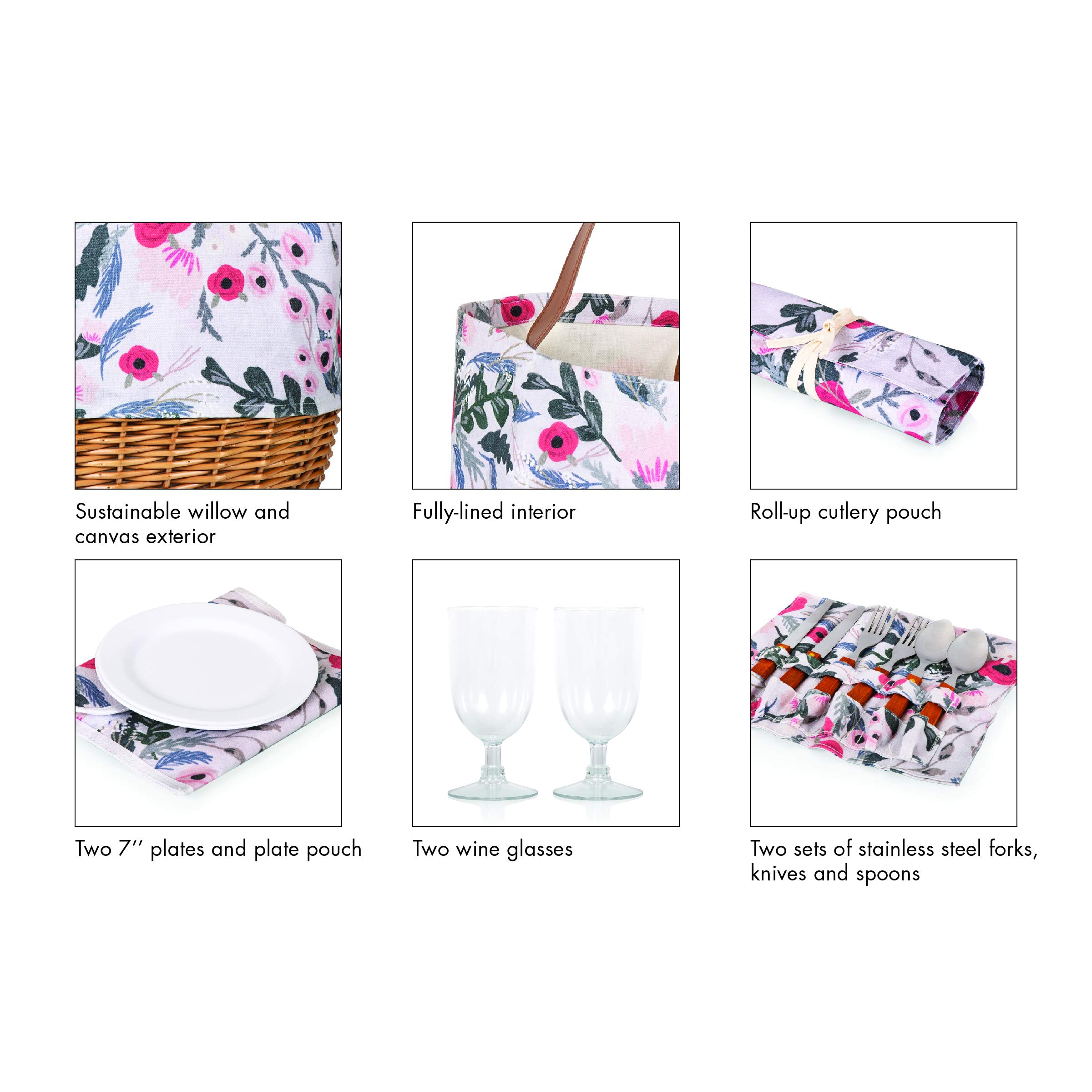 PICNIC TIME Promenade Picnic Basket for 2 - Canvas & Willow Picnic Set with Utensils, Wine Glasses & Plates (Floral Design) - Perfect for Romantic Dates, Outdoor Picnics & Beach Getaways