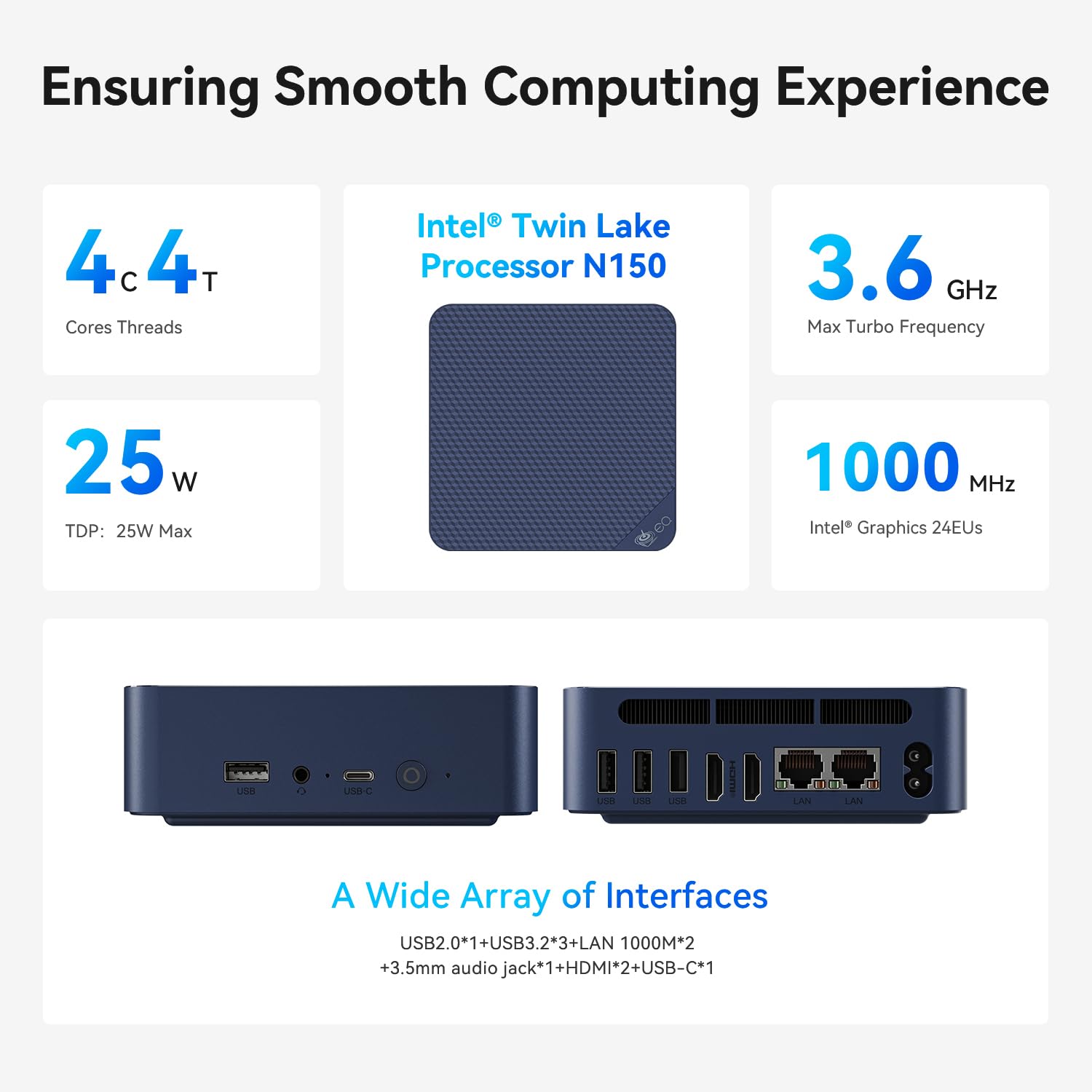 Beelink EQ14 Mini PC - Intel N150 Processor, 16GB DDR4 RAM, 500GB SSD, WiFi 6, Gigabit LAN, Bluetooth 5.2, Dual HDMI - Compact Desktop Computer for Home Office, Business & Entertainment