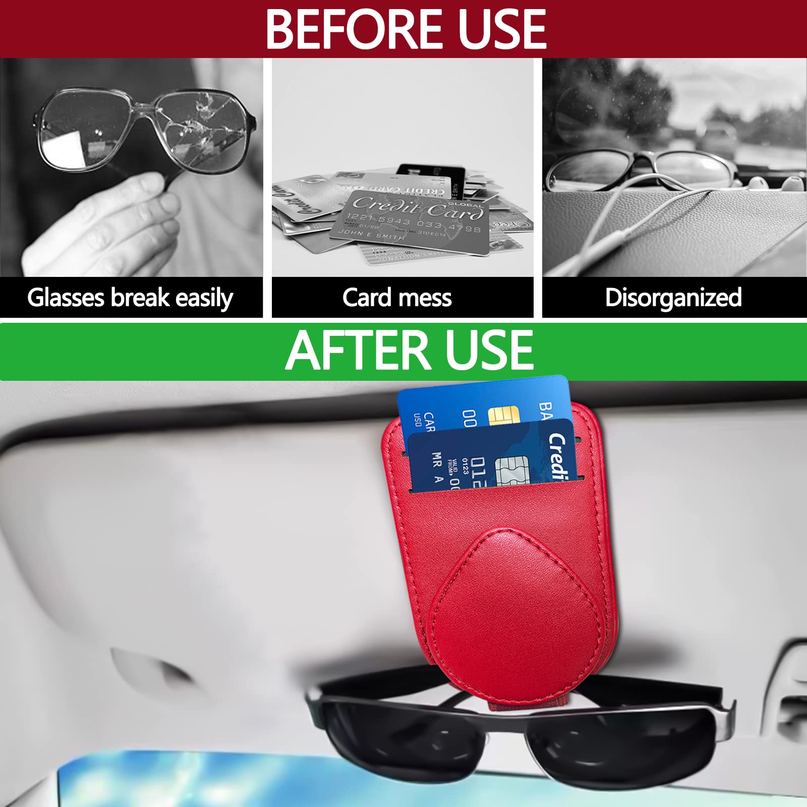 Premium Black Leather Sunglass Holder for Car Visor - Universal Clip Organizer for Men, Women & Teens - Perfect for Driving, Travel & Outdoor Activities