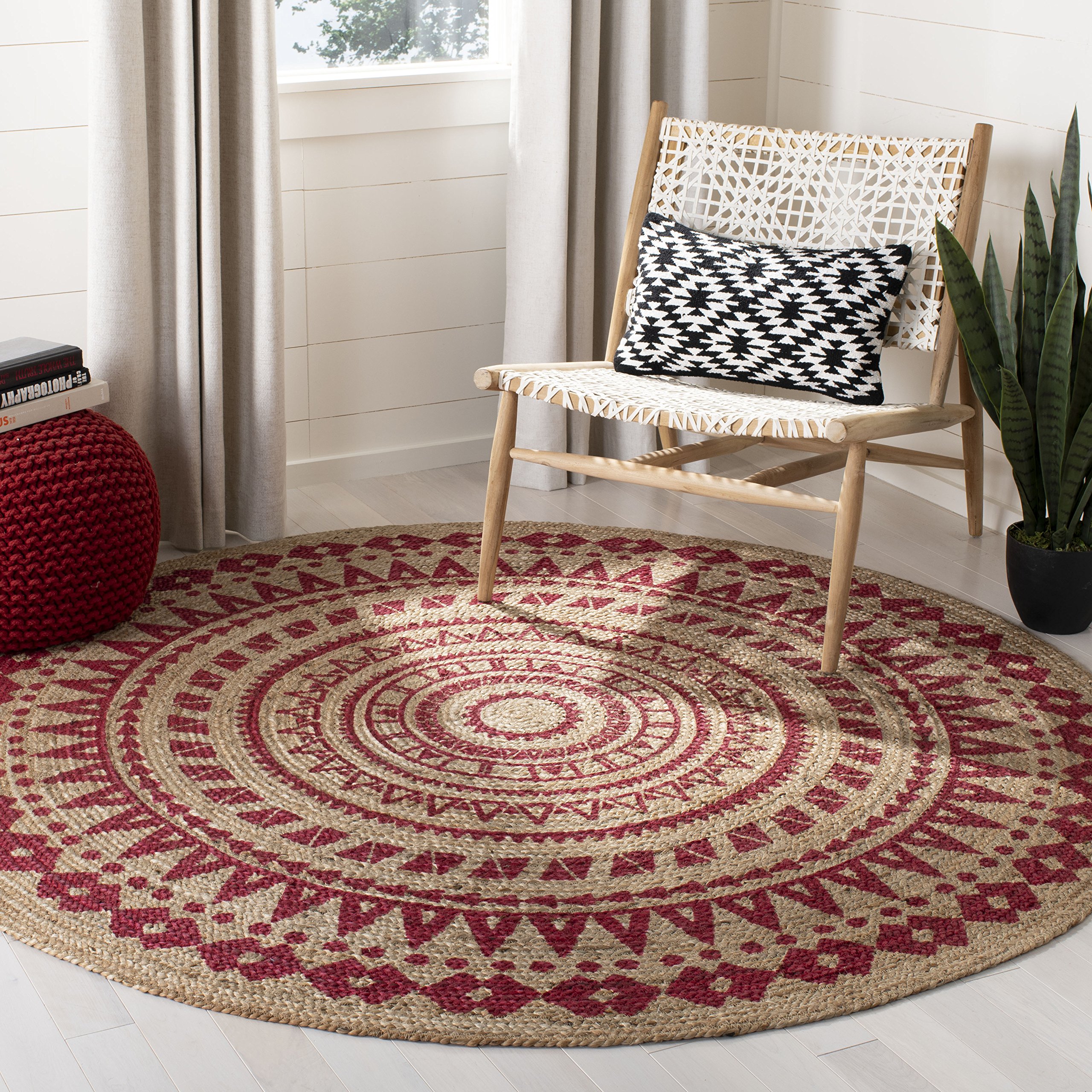 SAFAVIEH Handmade Boho Mandala Braided Jute Area Rug - 8' Round Natural Fiber Rug in Fuchsia & Natural Colors, Durable for High Traffic Living Room & Bedroom | Eco-Friendly Home Decor for Bohemian & Coastal Style Interiors
