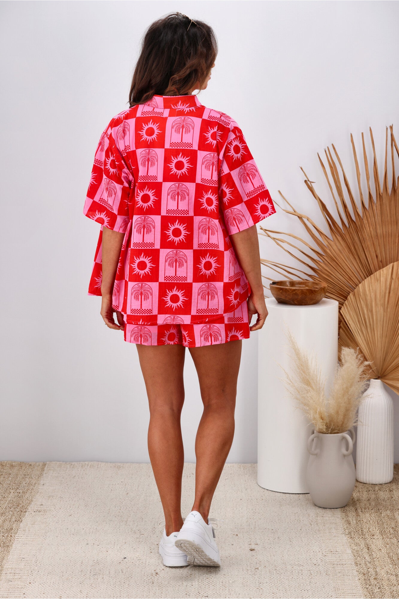 Frankie Paradise Women's Pink & Red Checkered Matching Top and Shorts Set - Casual Summer Outfit for Beach, Picnic, and Vacation