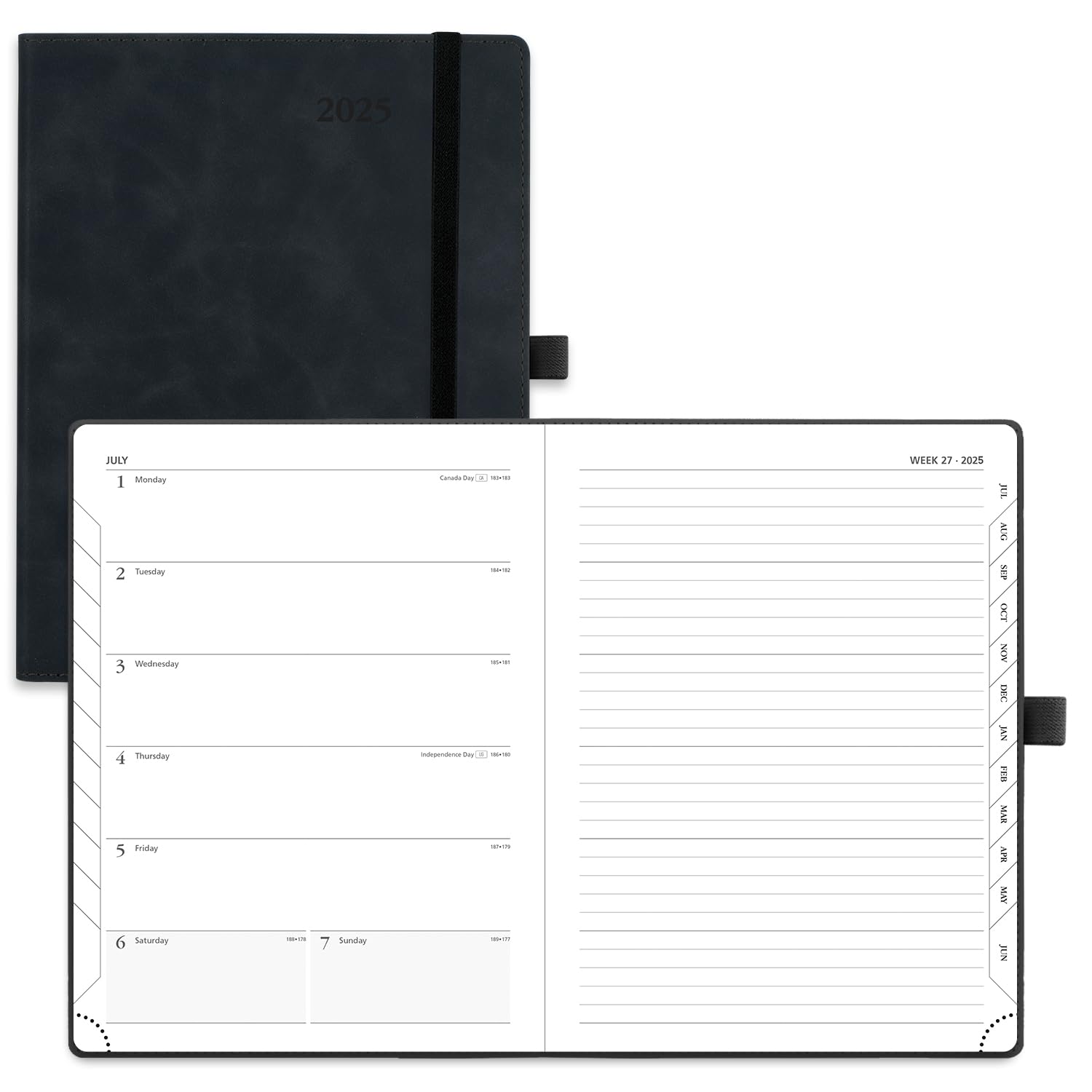 POPRUN 2025 Planner - 6.5'' x 8.5'' Weekly & Monthly Calendar Notebook with Leather Soft Cover for Time Management - Includes Monthly Tabs, Inner Pocket & 100GSM Thick Paper (Black) - Perfect for Office, School, and Personal Organization