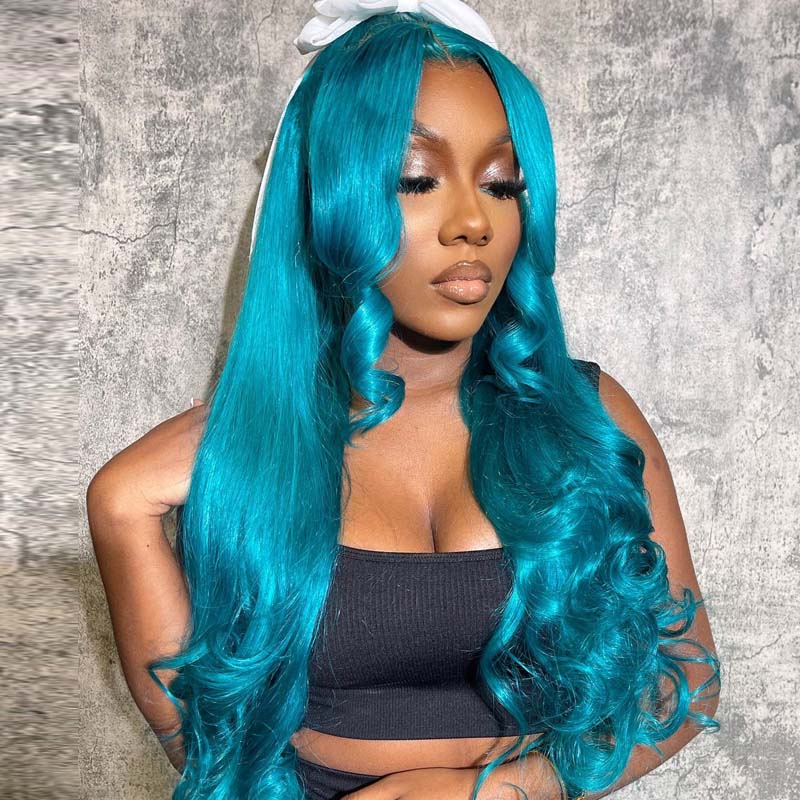 Turquoise Green Body Wave Layered Curtain Bangs