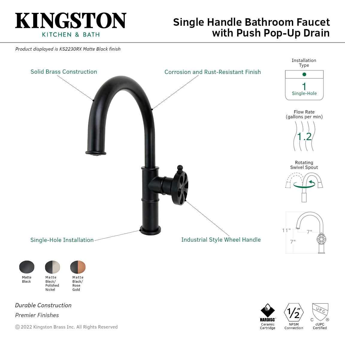 Belknap KS2236RX Single Handle 1 Hole Bathroom Sink Faucet with Push Pop-Up Drain - Matte Black & Polished Nickel Finish for Modern Bathroom Vanity and Powder Room Upgrade