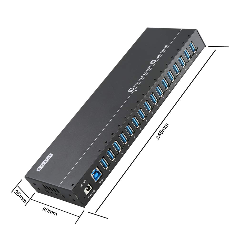 16-Port USB 3.0 Hub with 120W Power - Multi-Device Charging Station with 12V/10A Adapter (1.2A Max Per Port) - Metal Casing & LED Indicators - Wall/Din-Rail Mountable - Perfect for Home Office, Gaming Setup & Server Rooms