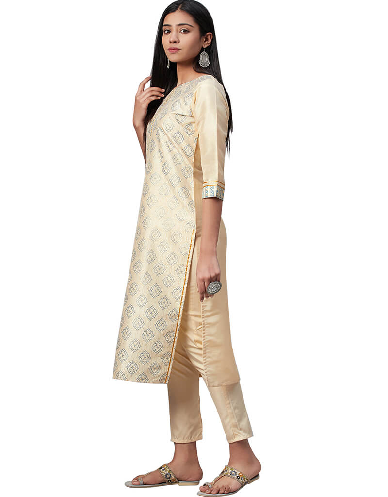 Stylish Beige Poly Silk Pant Kurti for Women - Elegant Indian Ethnic Wear for Festivals, Parties & Casual Outings