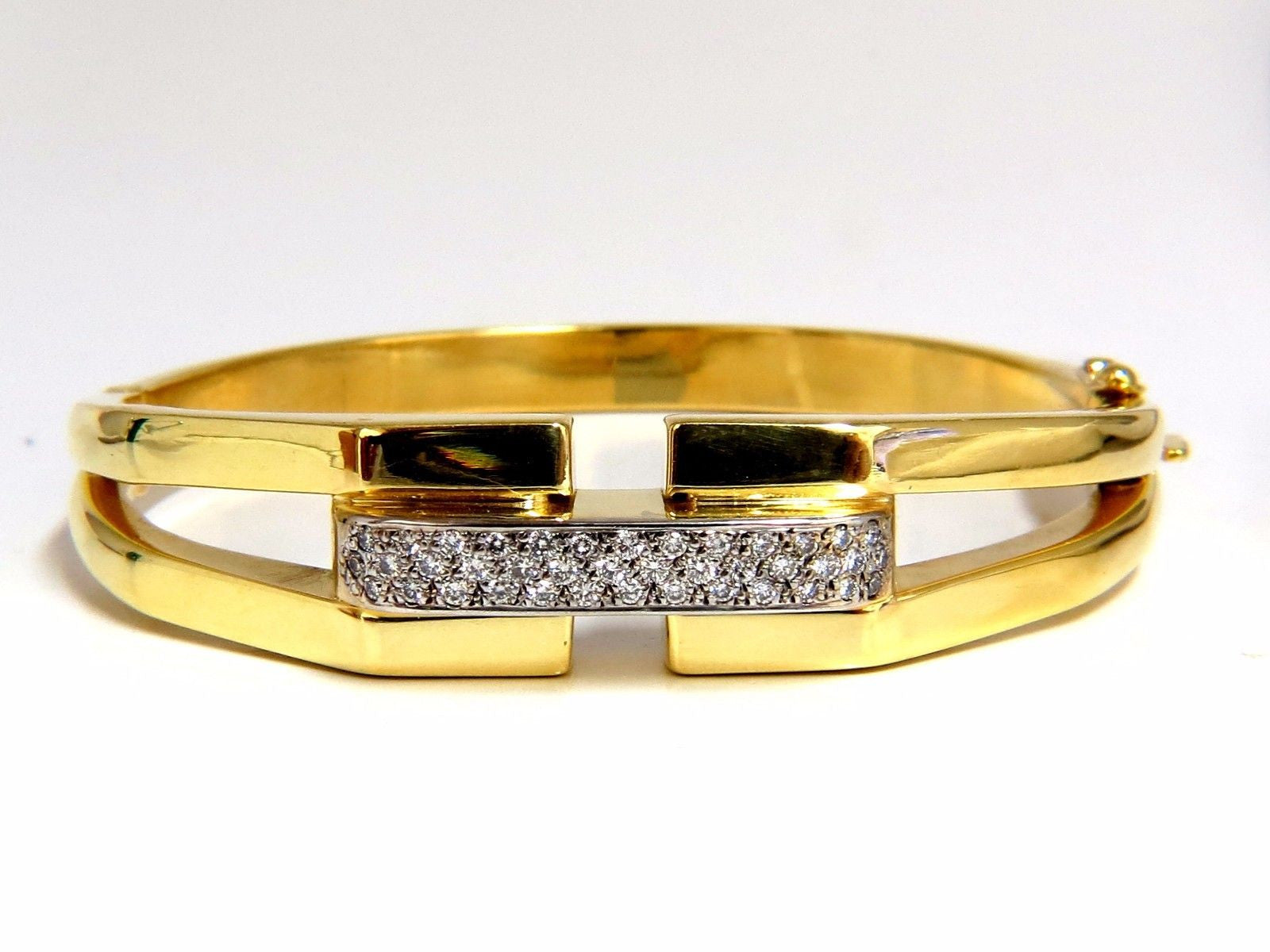 14Kt Gold Bangle Bracelet with 0.70ct Round Natural Diamonds - Raised Bar Deco Design for Women's Luxury Jewelry, Perfect for Weddings, Anniversaries & Special Occasions