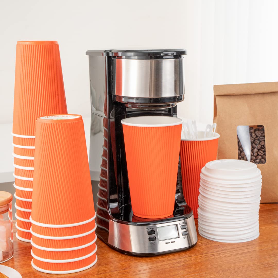 16oz Insulated Coffee Cups with Lids - 200 Pack Leakproof Disposable Hot Drink Cups for Coffee, Tea & Cocoa | Non-Slip Ripple Wall Design | Tangerine Orange Paper Cups for Restaurants, Cafes & Office Use