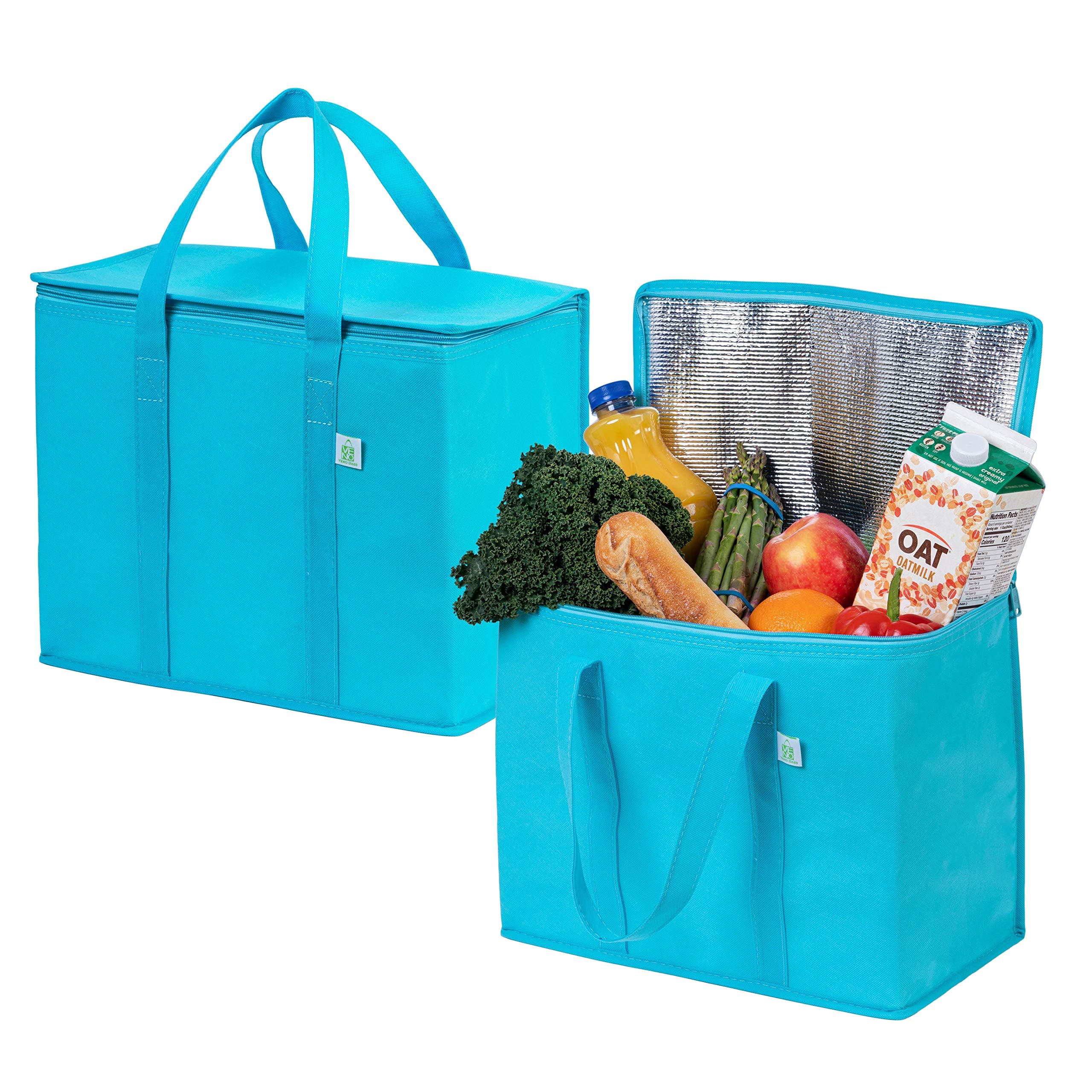 VENO 2 Pack Insulated Cooler Bags for Groceries & Food Delivery - Heavy Duty Collapsible Shopping Bags with Zipper, Foldable & Stands Upright - Perfect for Picnics, Beach Trips & Grocery Shopping (Cyan, 2 Pack)