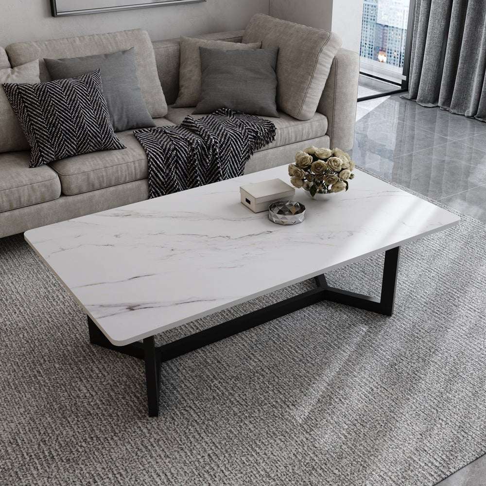 120x60cm Matte Black Minimalist Slate Coffee Table - Modern Marble Tea Table for Living Room, Rectangle Cocktail Side Table with Solid Metal Legs - Perfect for Small Spaces, Apartments & Lounge Decor
