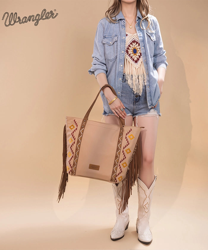 Wrangler Aztec Embroidered Fringe Wide Tote Bag for Women - Stylish Boho Shoulder Purse for Beach, Travel & Everyday Use