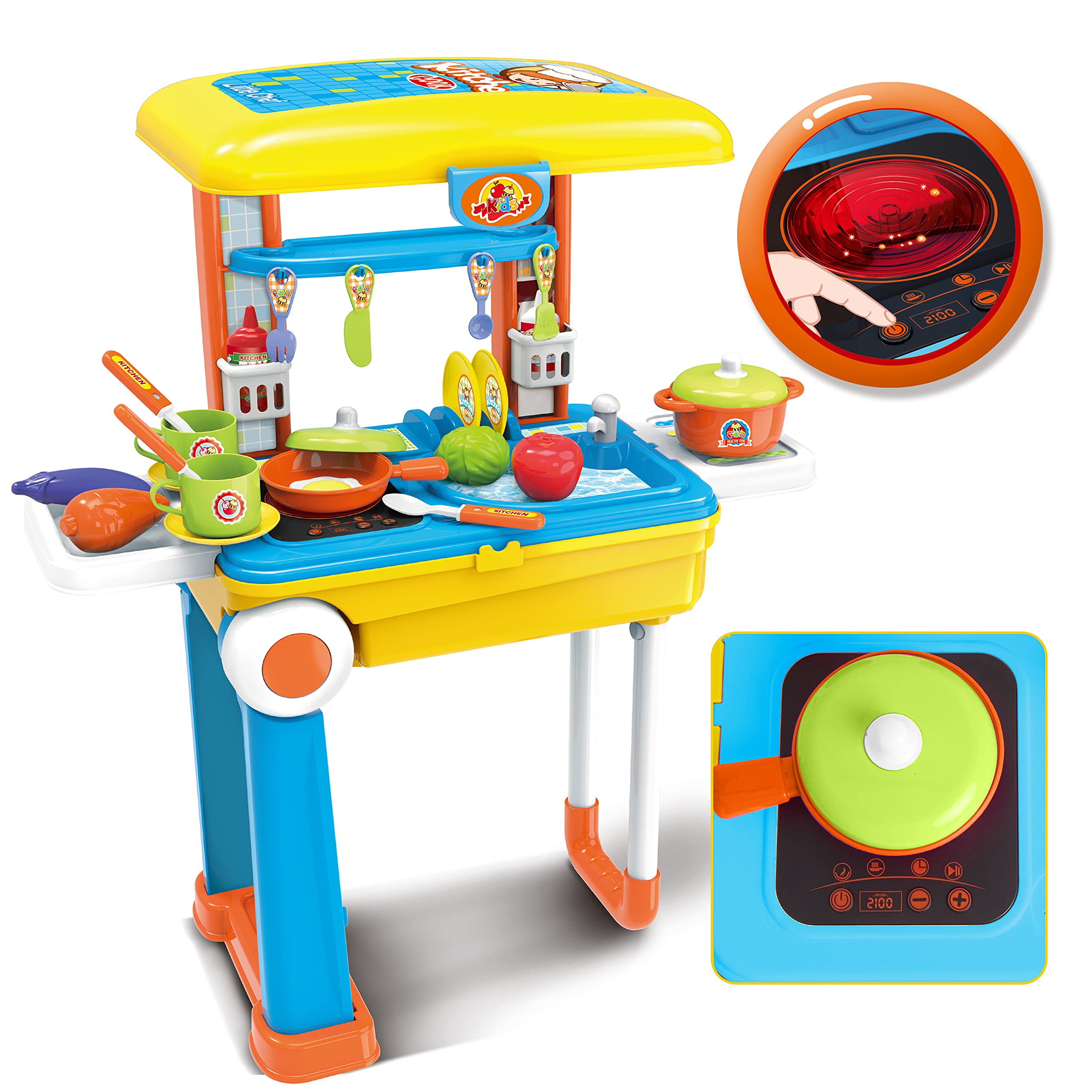 2-in-1 Travel Suitcase Kids Kitchen Playset | Toy Pots, Pans, Dishes & Utensils with 30+ Food Items - Durable ABS Plastic Pretend Play Cooking Set for Toddlers & Preschoolers (Blue/Yellow) - Perfect for Indoor Play, Birthday Gifts & Early Learning Development