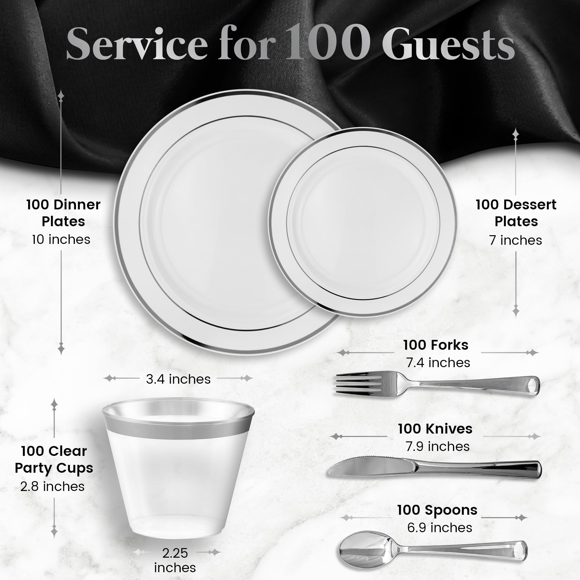 Premium 600-Piece Silver Dinnerware Set - 200 White & Silver Plastic Plates, 300 Silver Plastic Cutlery, 100 Silver Plastic Cups - Elegant Disposable Tableware for Weddings, Parties & Events (Serves 100 Guests) - Perfect for Bridal Showers, Banquets & Catering Services